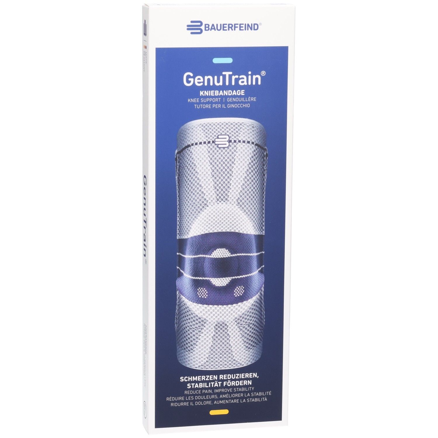Emballage du bandage de genou BAUERFEIND GenuTrain Comfort avec illustration.