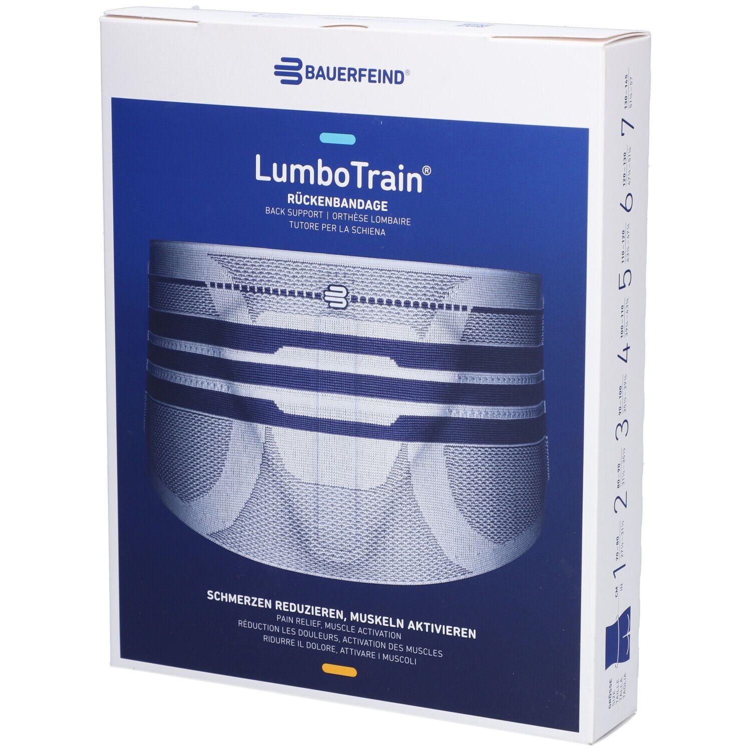 Bauerfeind Lumbotrain Rückenbandage in Verpackung. Produktabbildung. Text: Schmerzen reduzieren, Muskeln aktivieren.