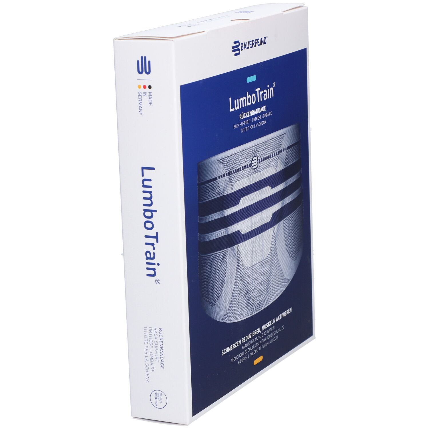 Bauerfeind Lumbotrain Rückenbandage, Verpackung. Seitenansicht. Text: Lumbotrain, Back Support, Made in Germany.