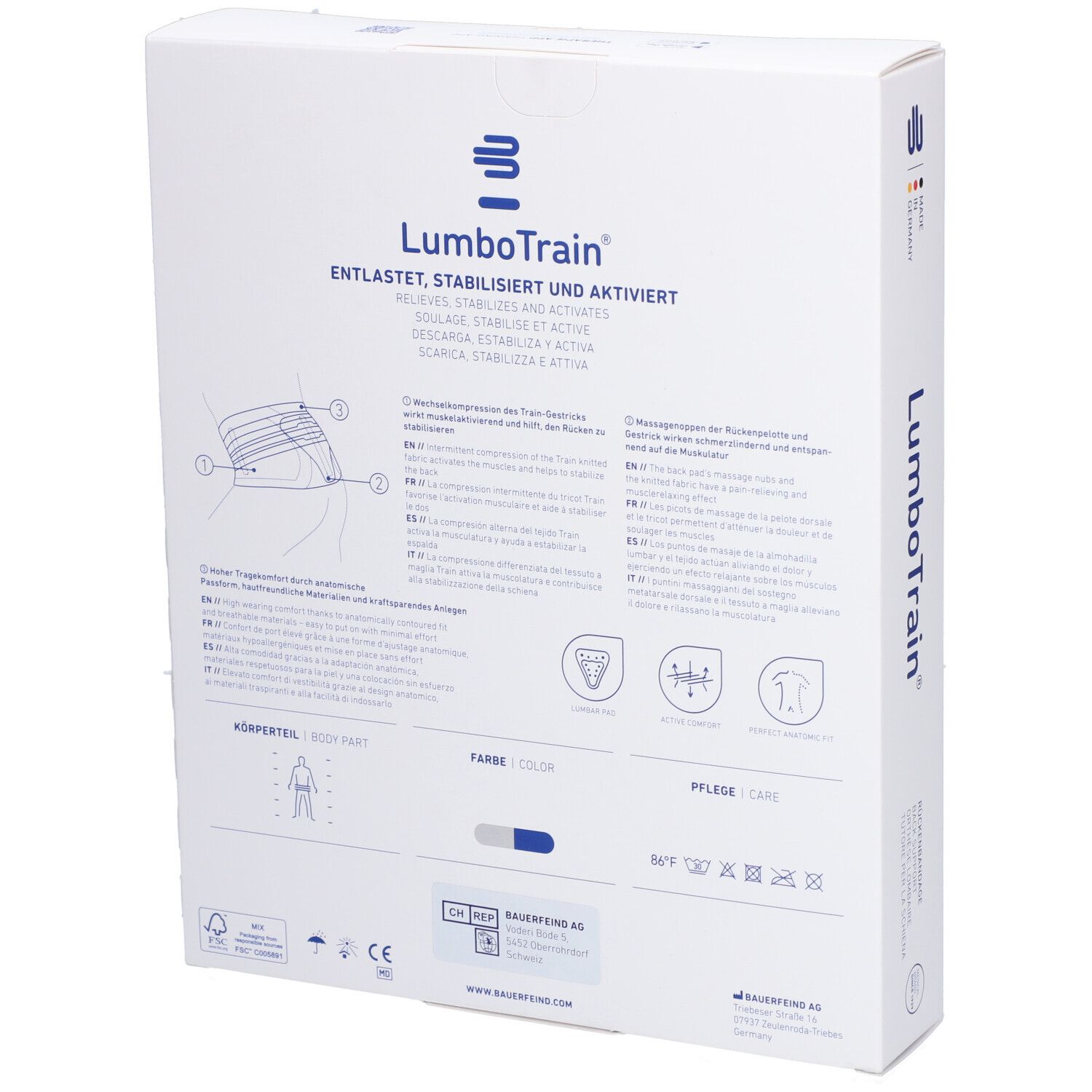 Rückseite der Verpackung der Bauerfeind Lumbotrain Rückenbandage. Produktinformationen und Piktogramme.