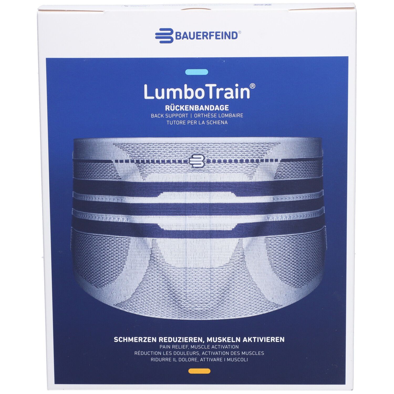 Bauerfeind Lumbotrain Rückenbandage in Verpackung. Produktabbildung. Text: Schmerzen reduzieren, Muskeln aktivieren.