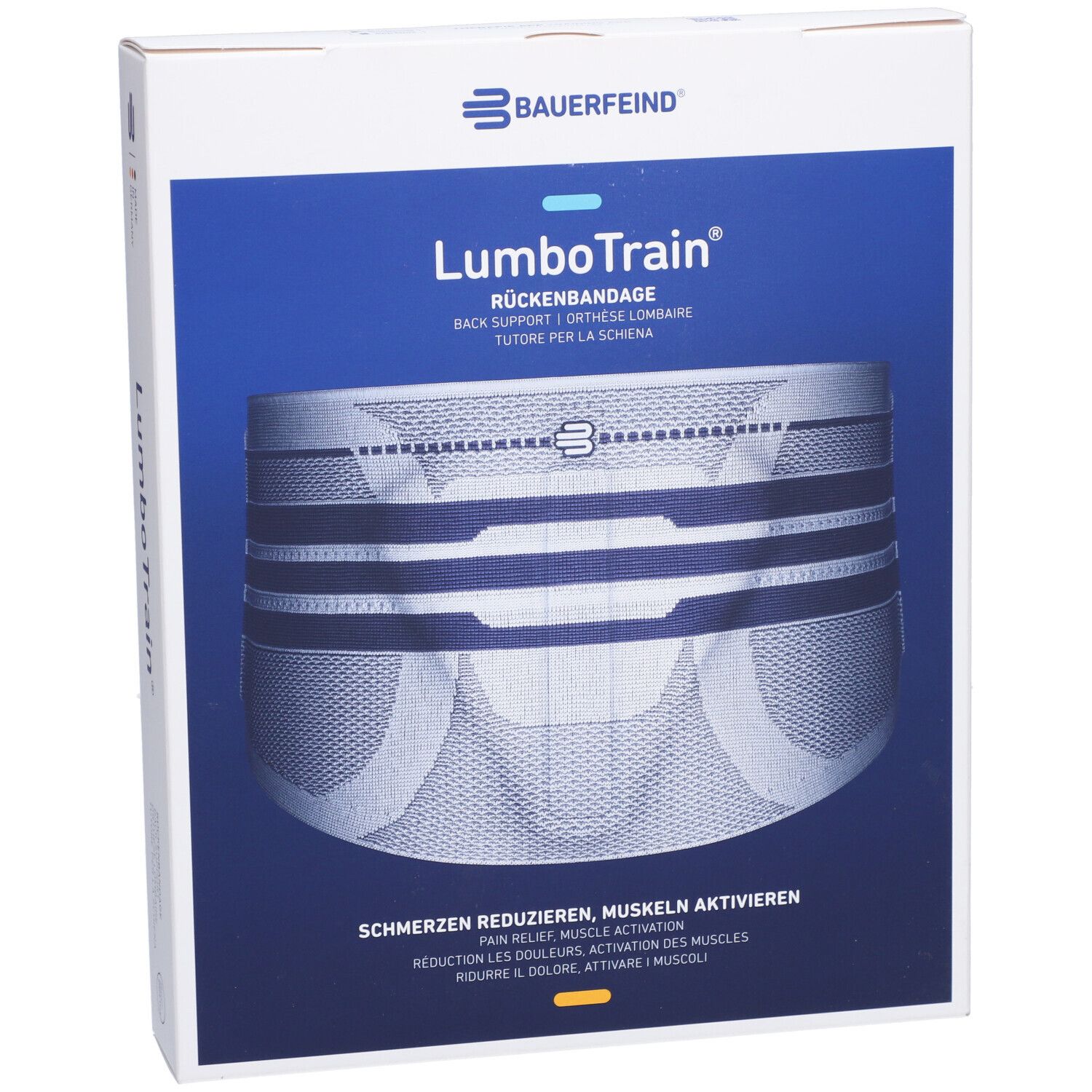 Bauerfeind Lumbotrain Rückenbandage in Verpackung. Produktabbildung. Text: Schmerzen reduzieren, Muskeln aktivieren.