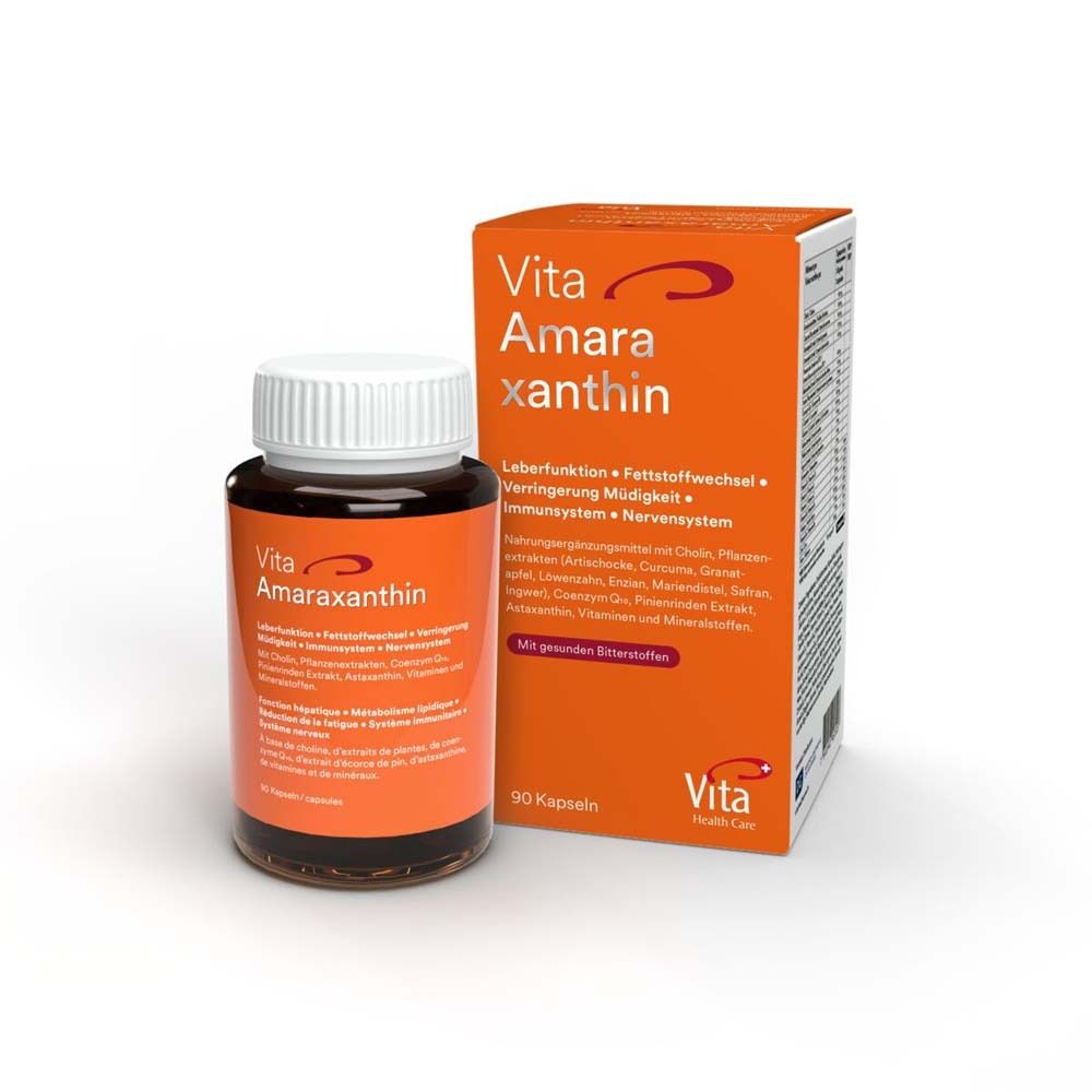 Vita amaraxanthin DTX®-Kapseln und Verpackung. Braune Flasche, orangefarbene Schachtel. 90 Kapseln.