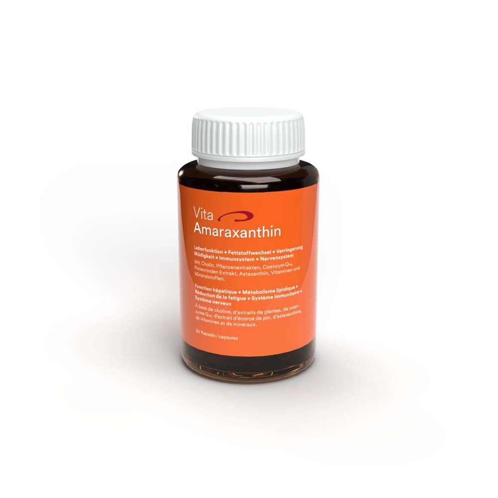 Vita amaraxanthin DTX®-Kapseln. Braune Flasche mit weißem Deckel. Produktname und Inhaltsangaben.