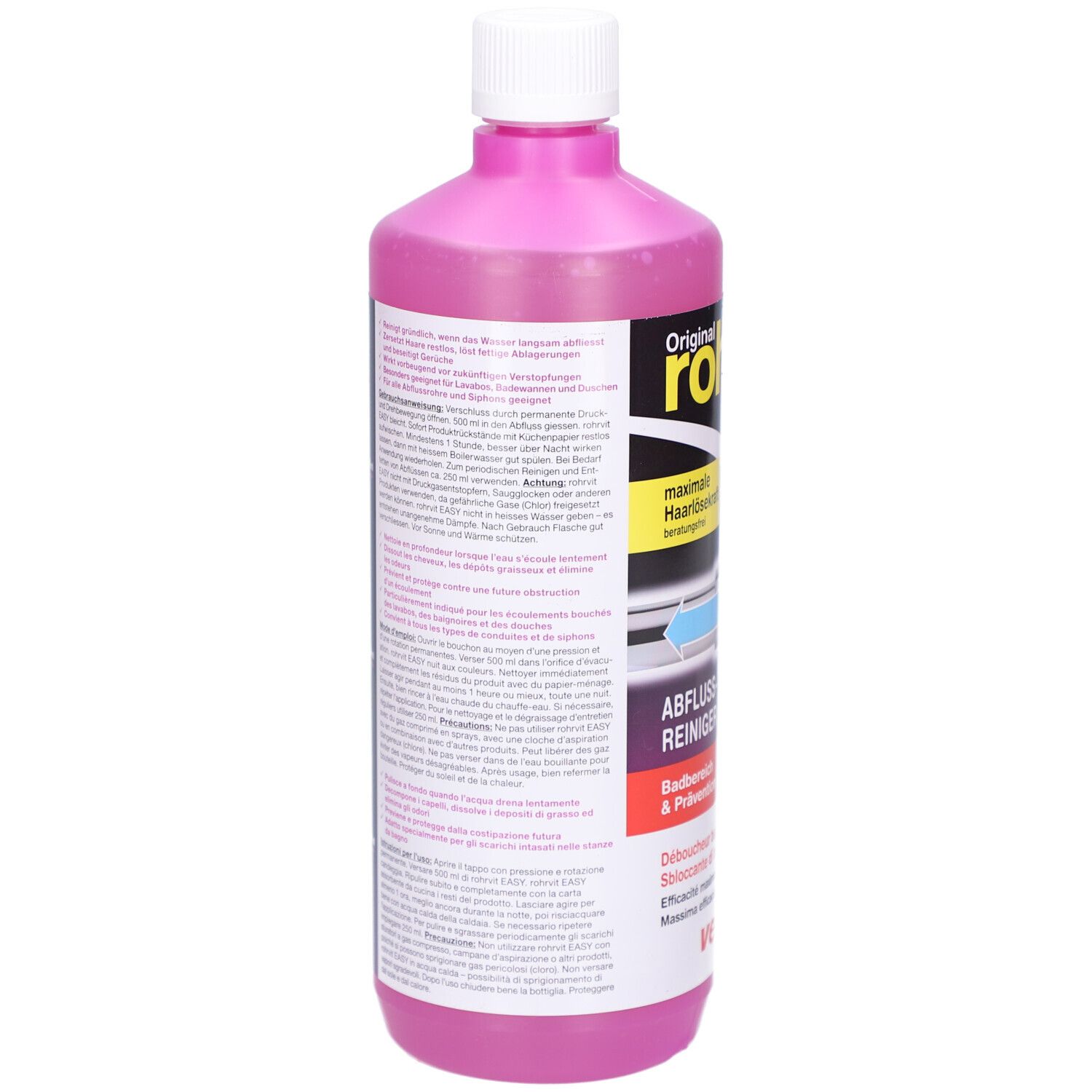 Pinke Flasche mit weißem Deckel. Rückseite mit Text, Warnhinweisen und Inhaltsangaben. Enthält QR-Code.