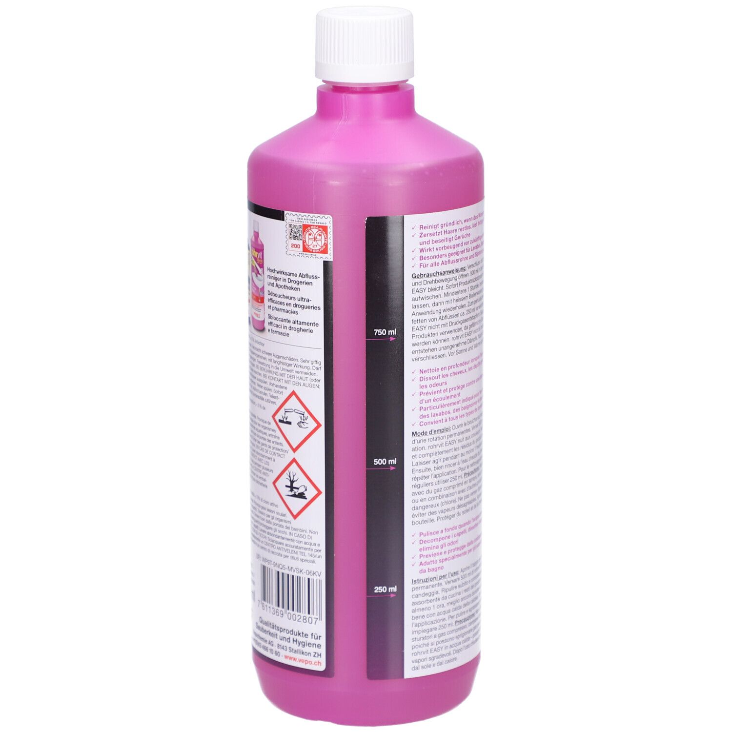 Pinke Flasche mit weißem Deckel. Rückseite mit Messskala, Warnhinweisen und Inhaltsangaben. Enthält QR-Code.