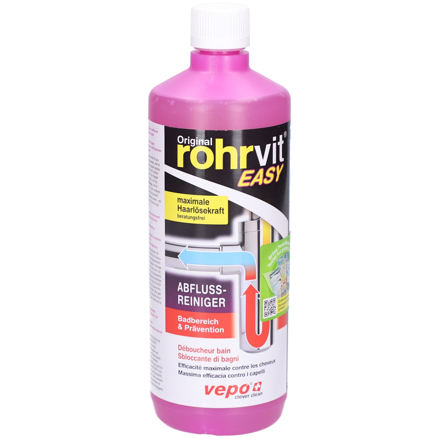 Pinke Flasche mit weißem Deckel. Aufschrift: Rohrvit EASY, Abflussreiniger. Enthält Piktogramme und QR-Code.