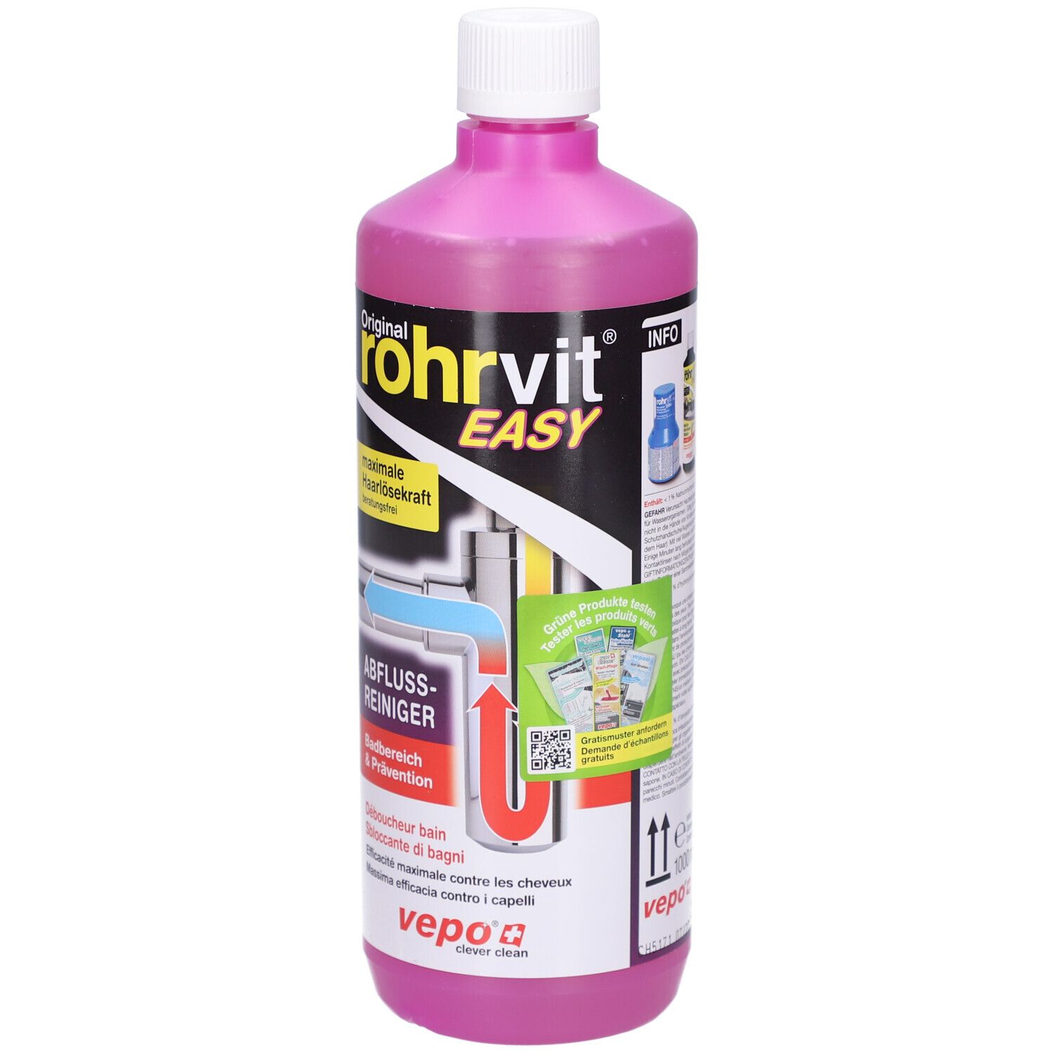 Pinke Flasche mit weißem Deckel. Aufschrift: Rohrvit EASY, Abflussreiniger. Enthält Piktogramme, QR-Code und Info-Box.