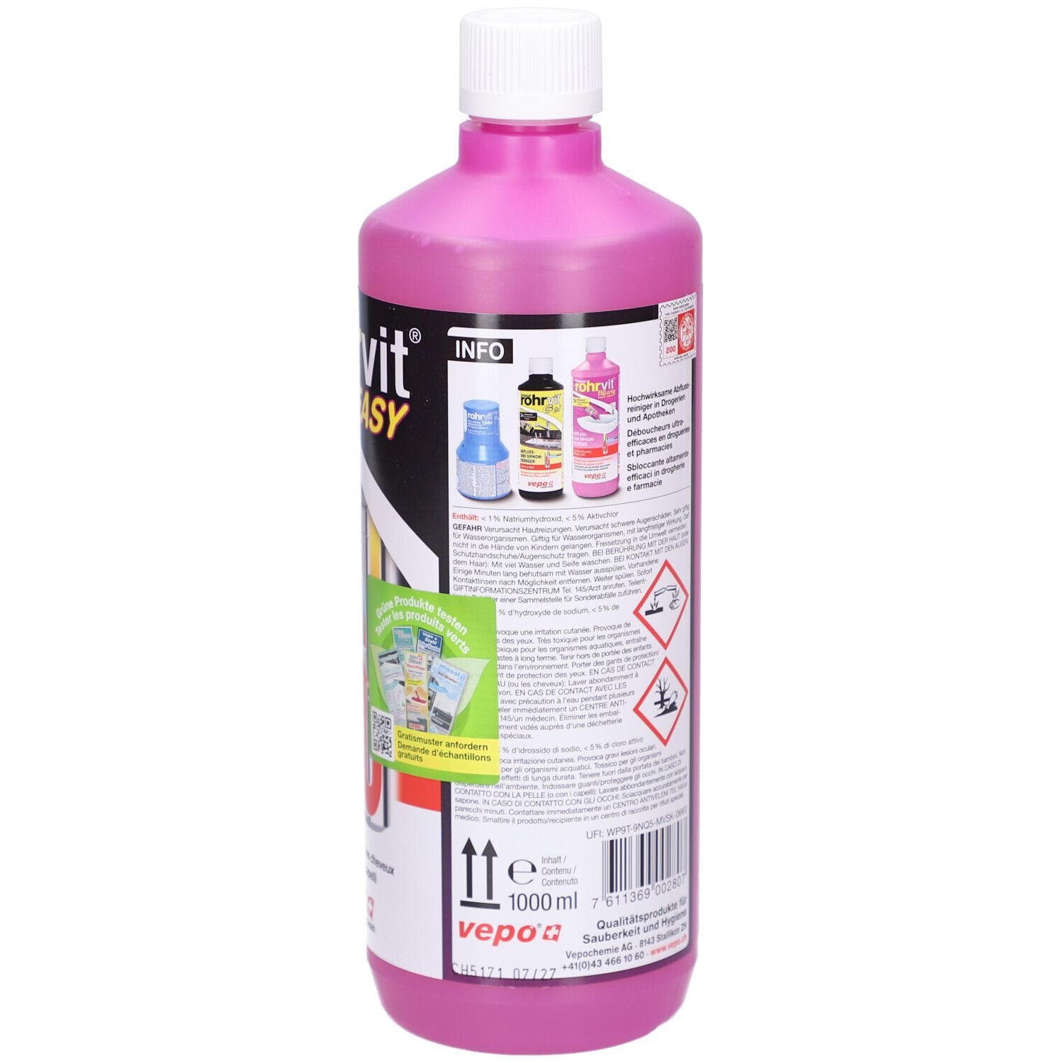 Pinke Flasche mit weißem Deckel. Rückseite mit Text, Warnhinweisen und Inhaltsangaben. Enthält QR-Code und Info-Box.