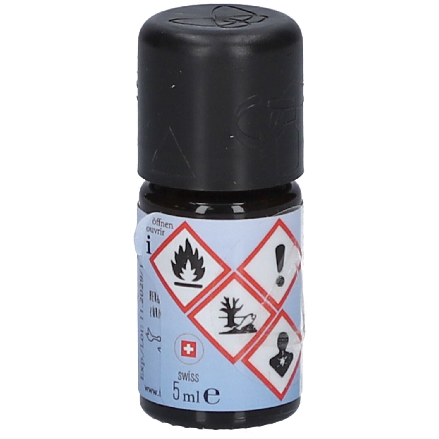 Braune Glasflasche mit schwarzem Deckel. Aufschrift: Farfalla, 5 ml. Etikett mit Gefahrensymbolen, Schweizer Kreuz.