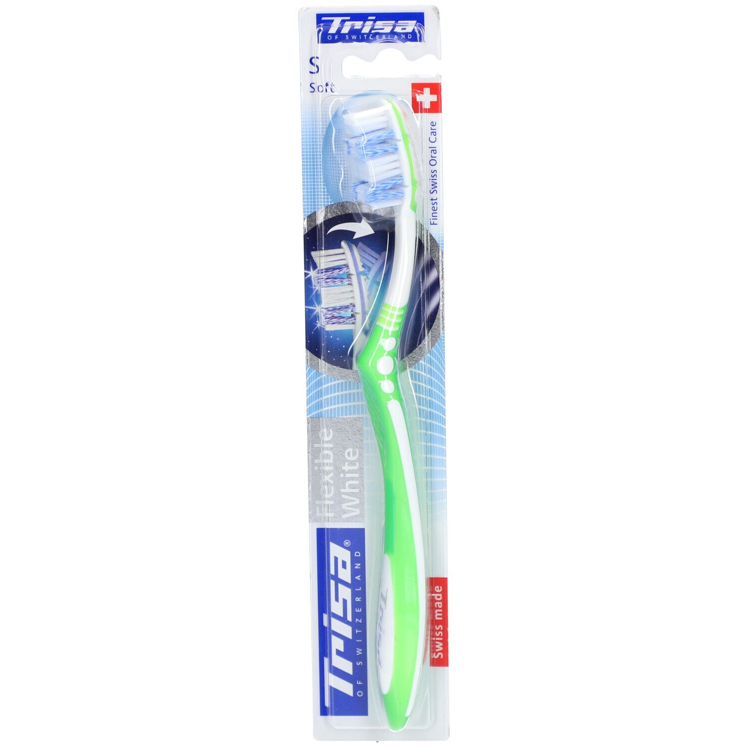 Brosse à dents verte et blanche dans un emballage. Inscription "Flexible White" et "Trisa".