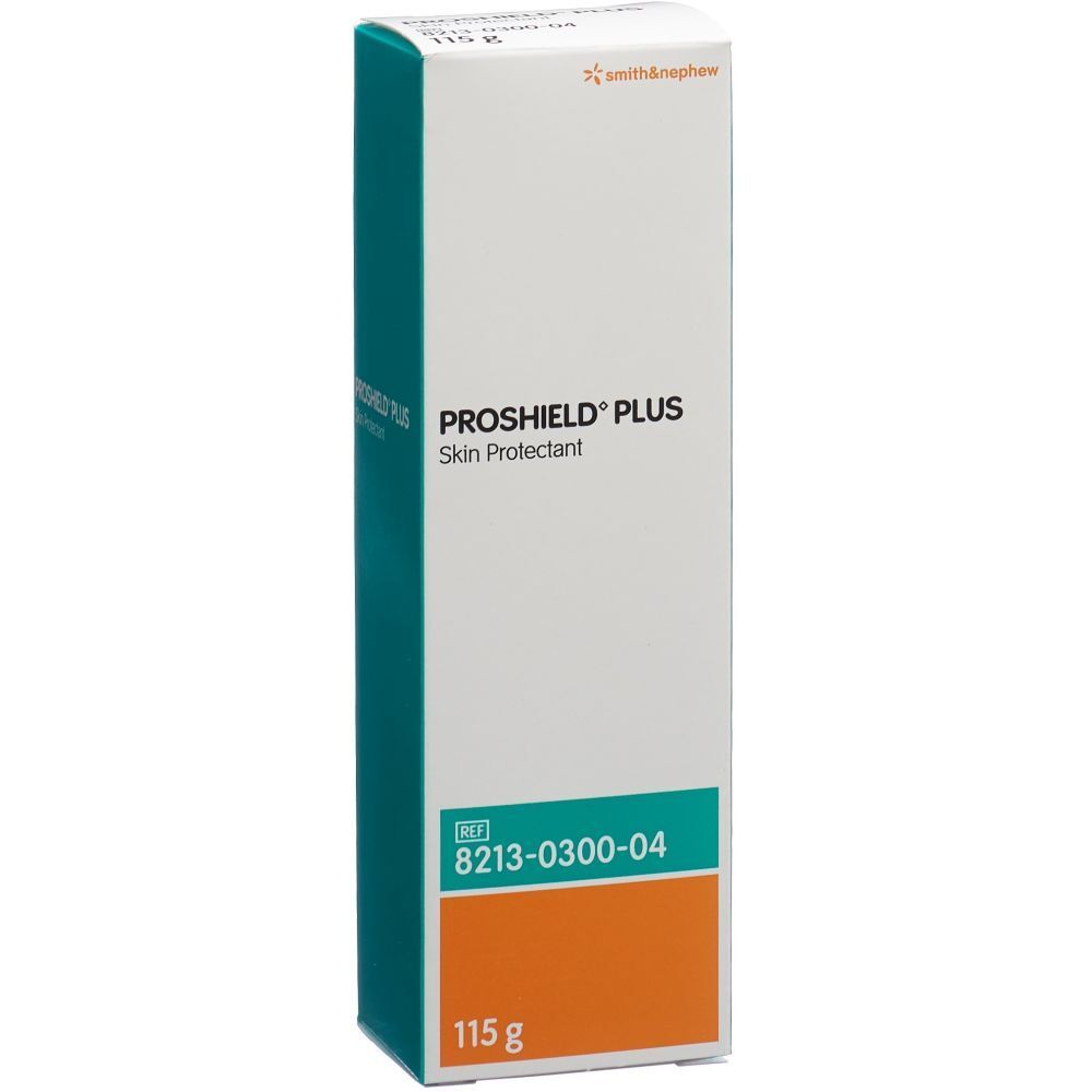 PROSHIELD® PLUS Skin Protectant. Rechteckige Verpackung. Marke Smith & Nephew. Grün, weiß und orangefarbene Elemente. 115 g.