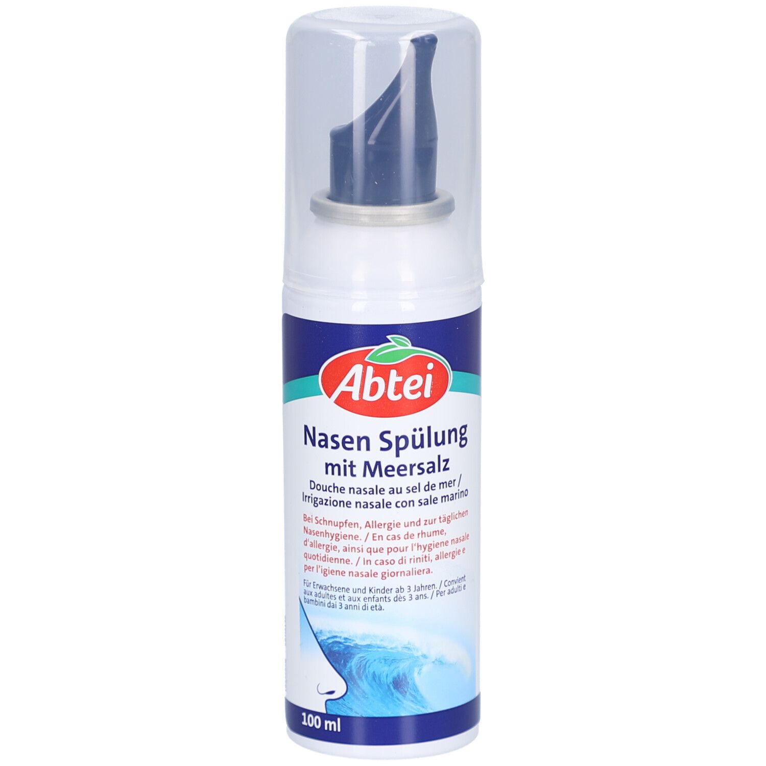 Nasenspülung mit Meersalz. Weiße Flasche mit blauem Deckel und Sprühkopf. Logo und Produktbezeichnung.