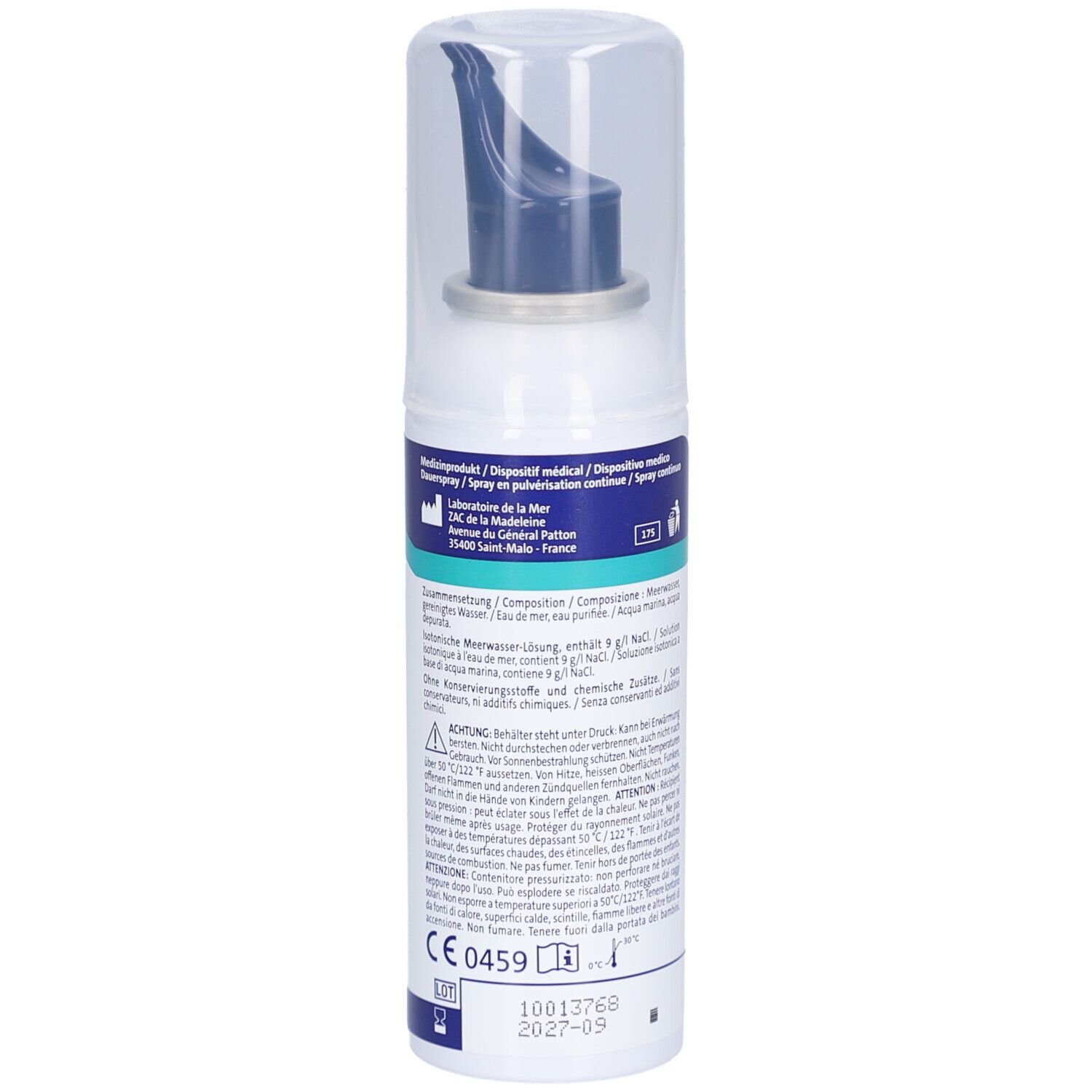 Rückseite der Nasenspülungsflasche. Enthält Informationen zu Inhaltsstoffen und Hersteller.