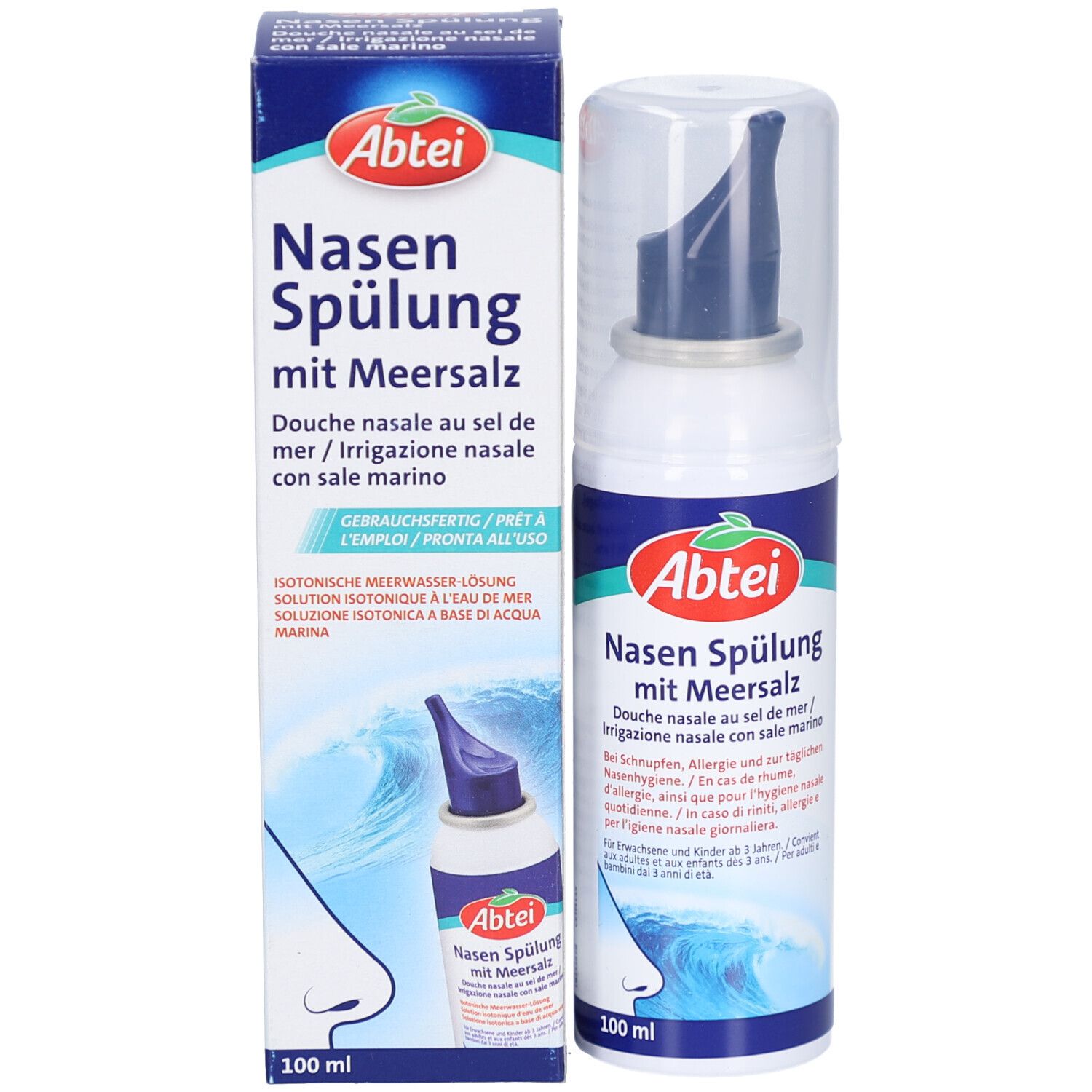 Nasenspülung mit Meersalz und Verpackung. Flasche und Karton mit Logo und Produktbezeichnung.