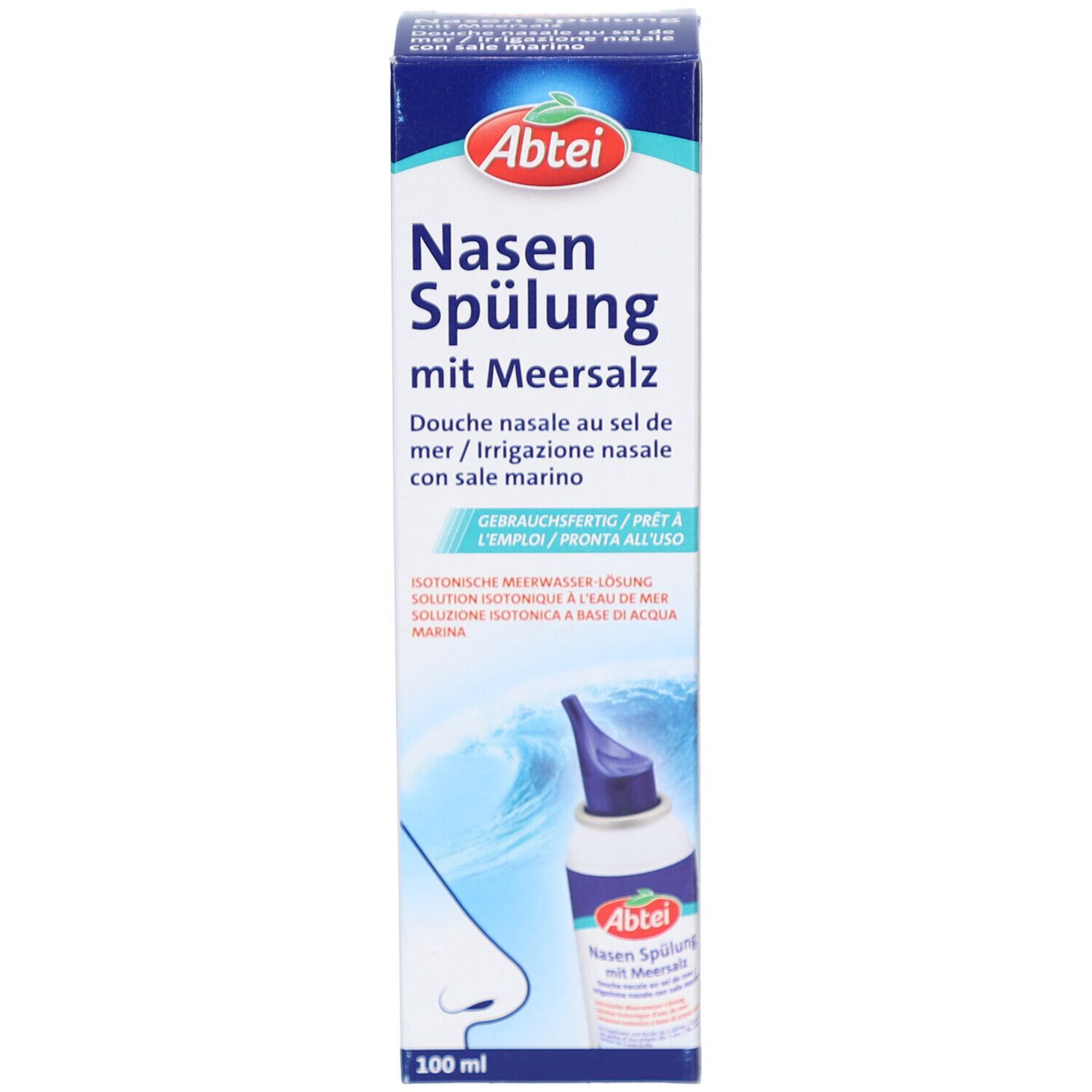 Kartonverpackung der Nasenspülung mit Meersalz. Logo und Produktbezeichnung deutlich sichtbar.