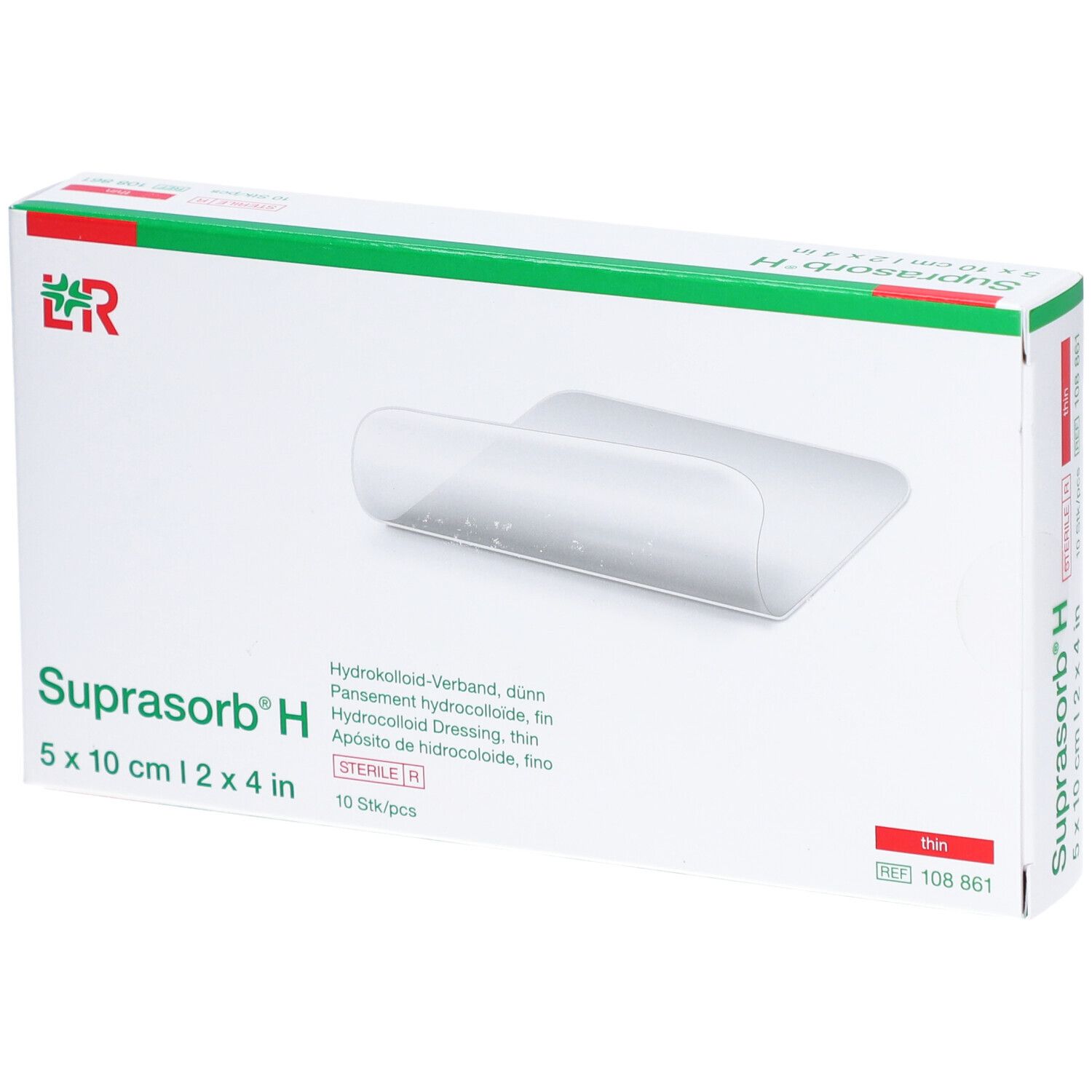 Verpackung von Suprasorb H, 5x10cm, steril. Hydrokolloid-Verband. Grüne und rote Akzente. 10 Stück pro Packung.