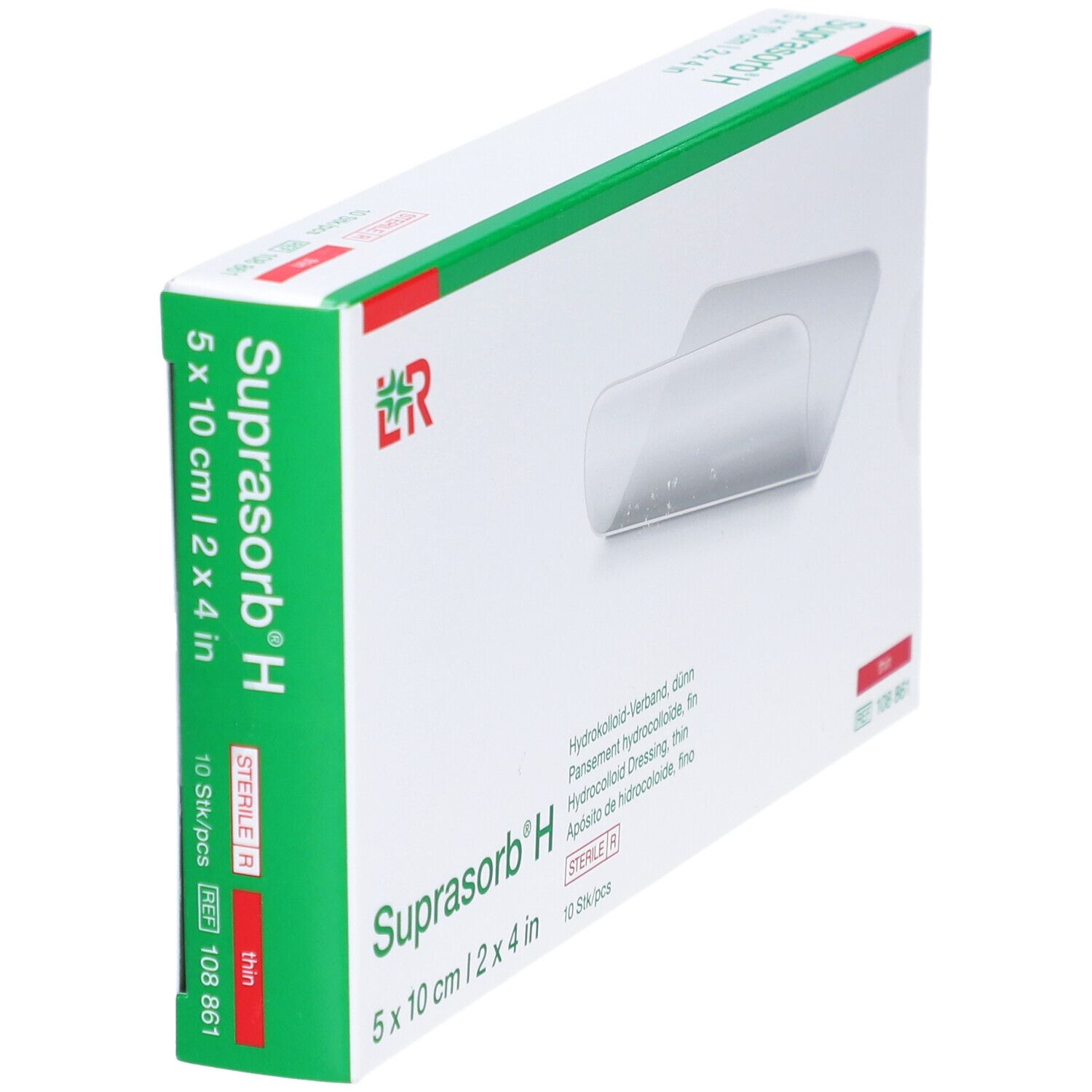 Schräg gestellte Verpackung von Suprasorb H, 5x10cm, steril. Hydrokolloid-Verband. Grüne und rote Akzente.