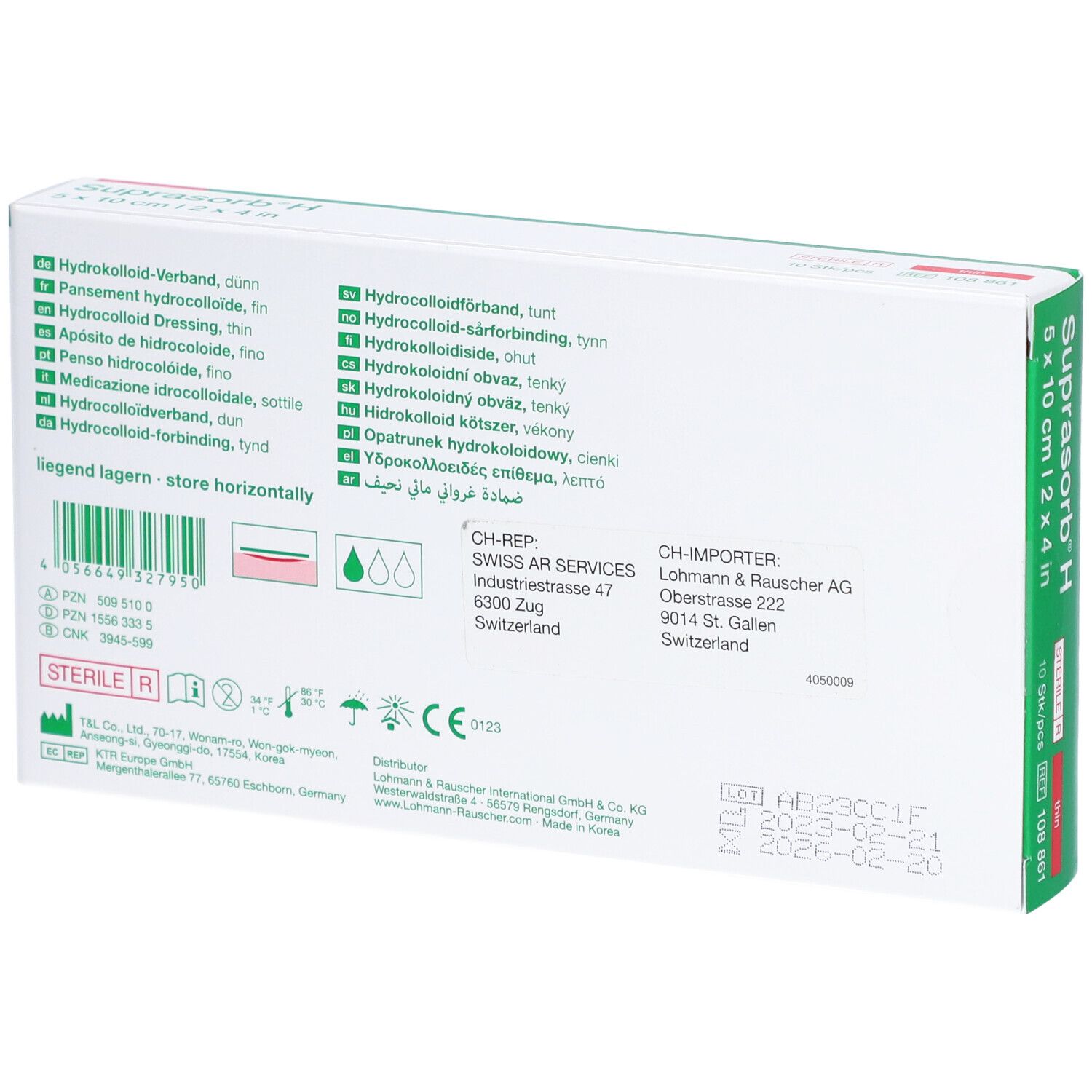 Rückseite der Verpackung von Suprasorb H. Mehrsprachige Produktinformationen. CE-Kennzeichnung.