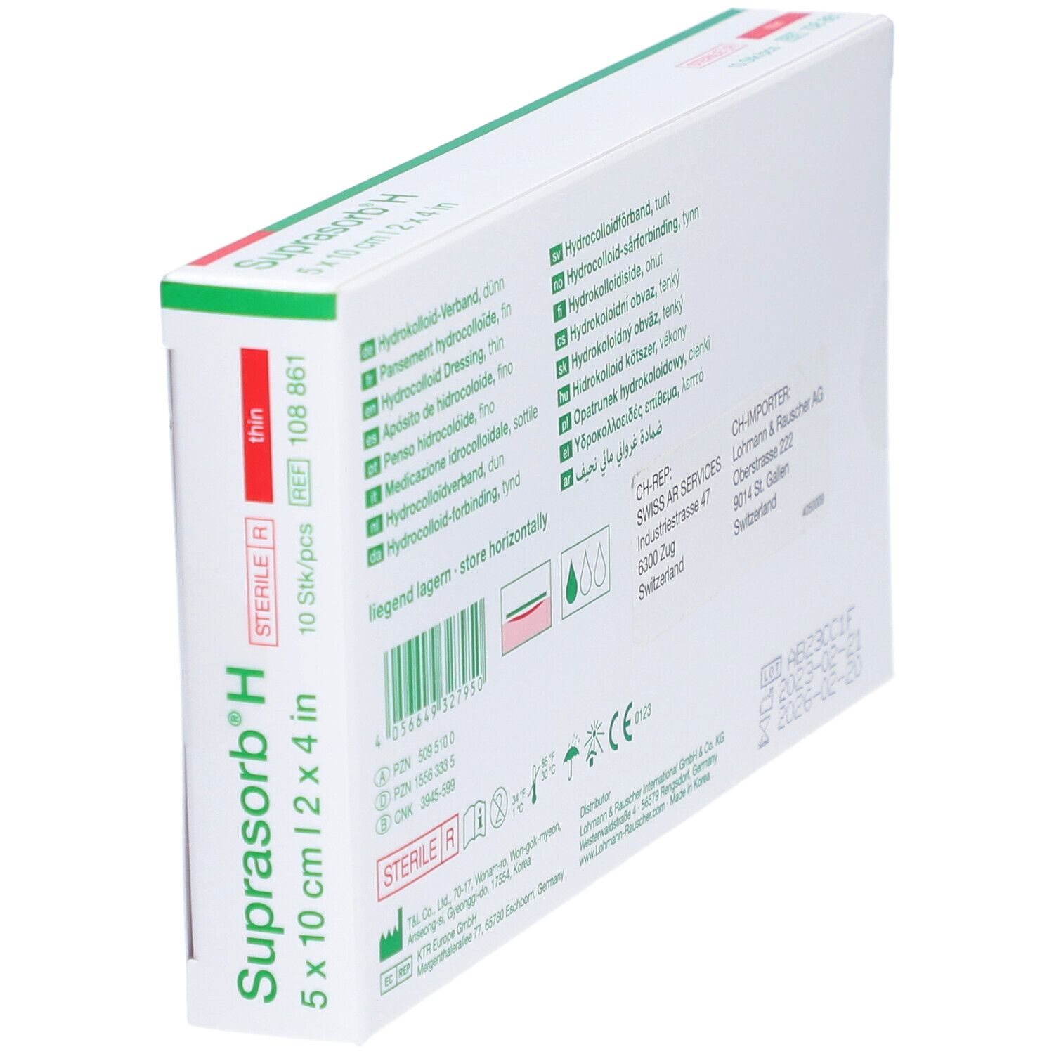 Schräg gestellte Rückseite der Verpackung von Suprasorb H. Mehrsprachige Produktinformationen.