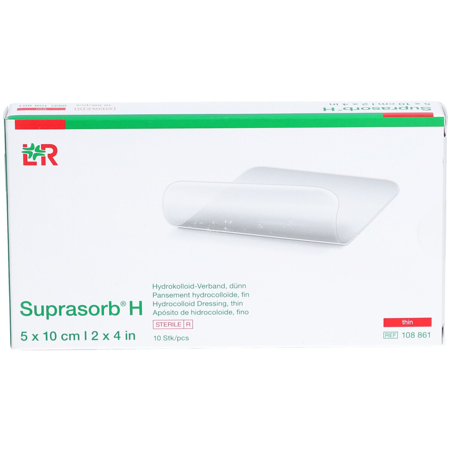 Verpackung von Suprasorb H, 5x10cm, steril. Hydrokolloid-Verband. Grüne und rote Akzente. 10 Stück pro Packung.