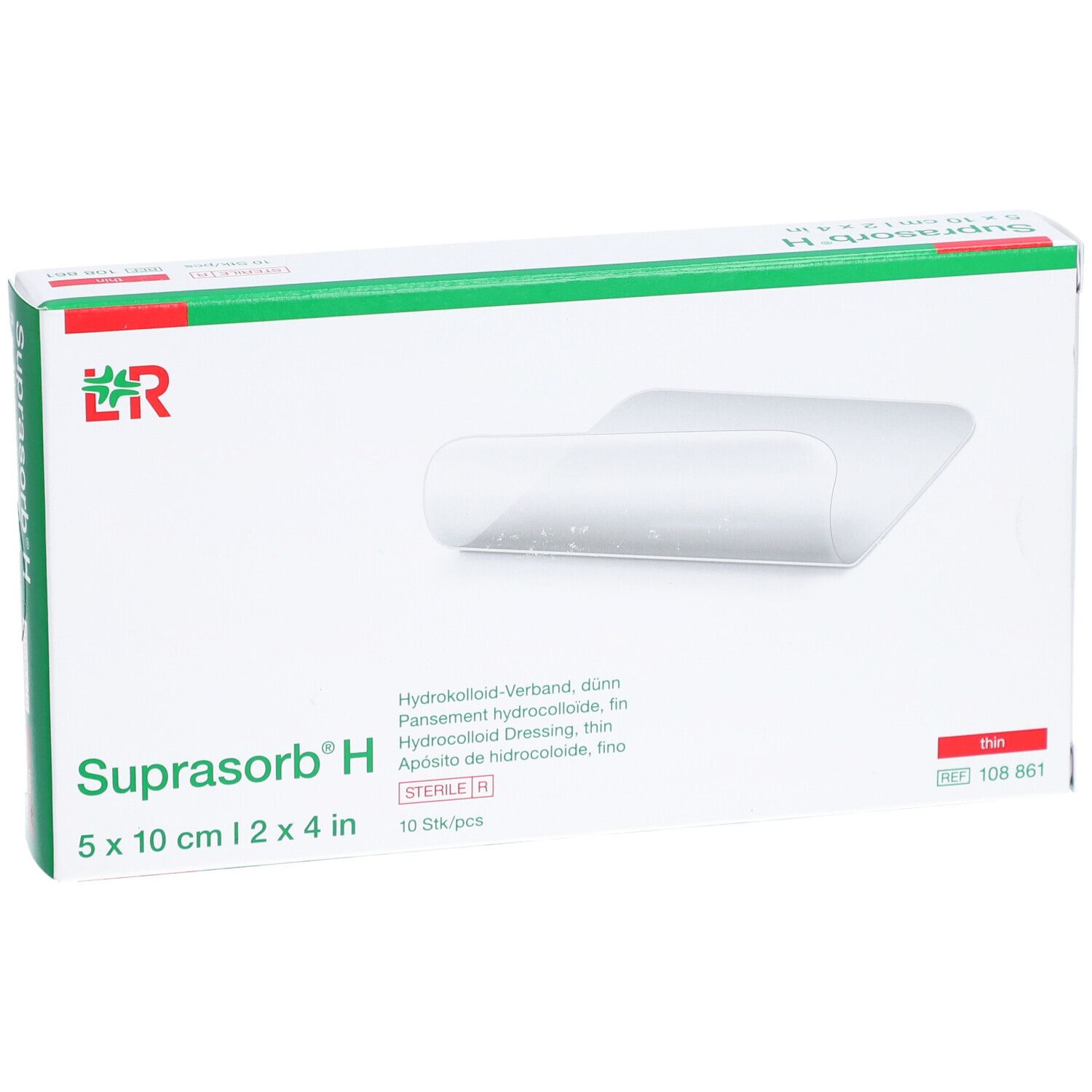 Verpackung von Suprasorb H, 5x10cm, steril. Hydrokolloid-Verband. Grüne und rote Akzente. 10 Stück pro Packung.