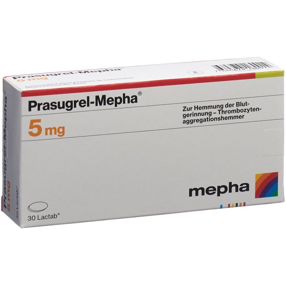 Karton von PRASUGREL Mepha Lactab 5 mg. Weißer Karton mit roter und schwarzer Schrift. Logo von Mepha.