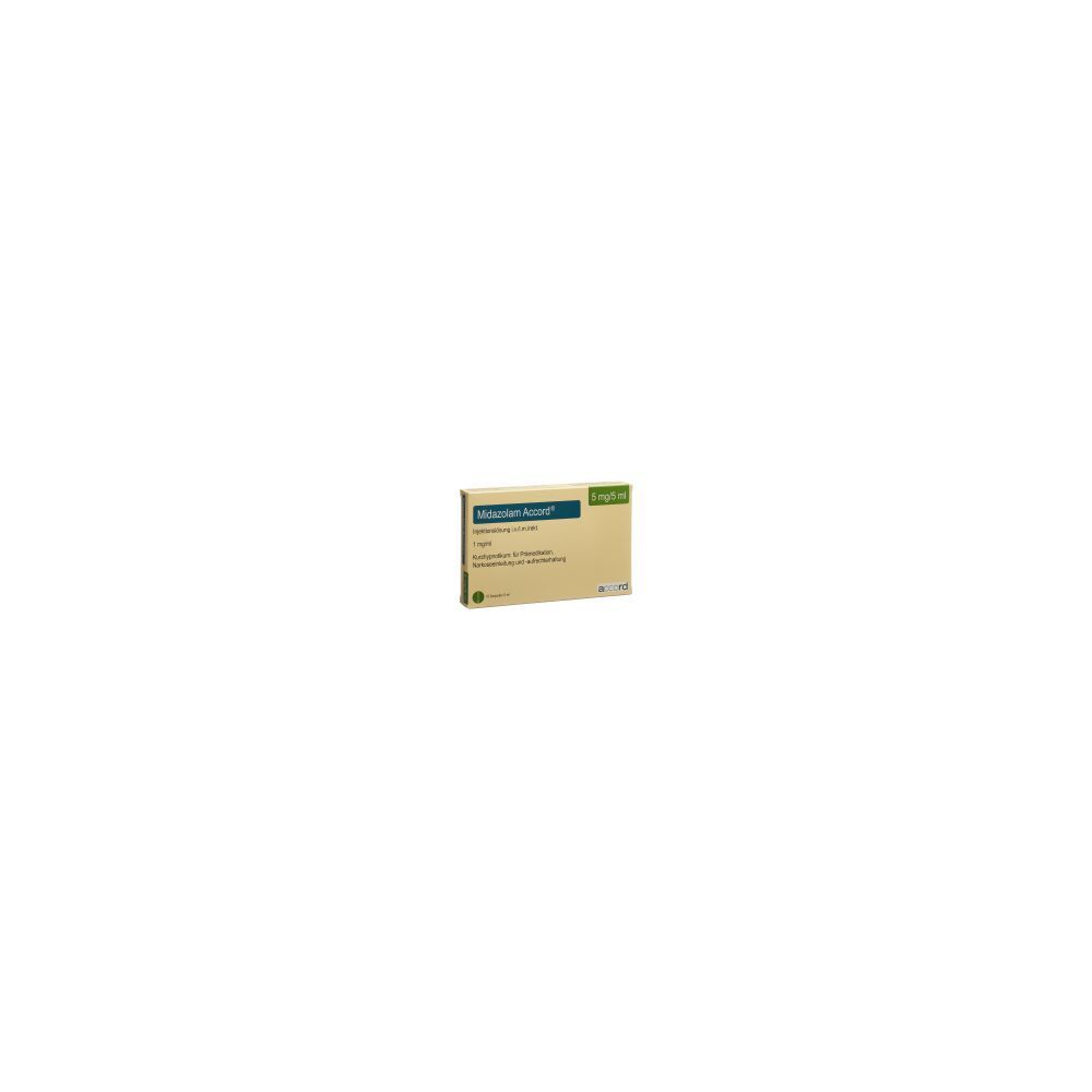 Boîte de médicament Midazolam Accord Inj Lös. 5 mg/5ml. 10 ampoules. Emballage vert et beige.