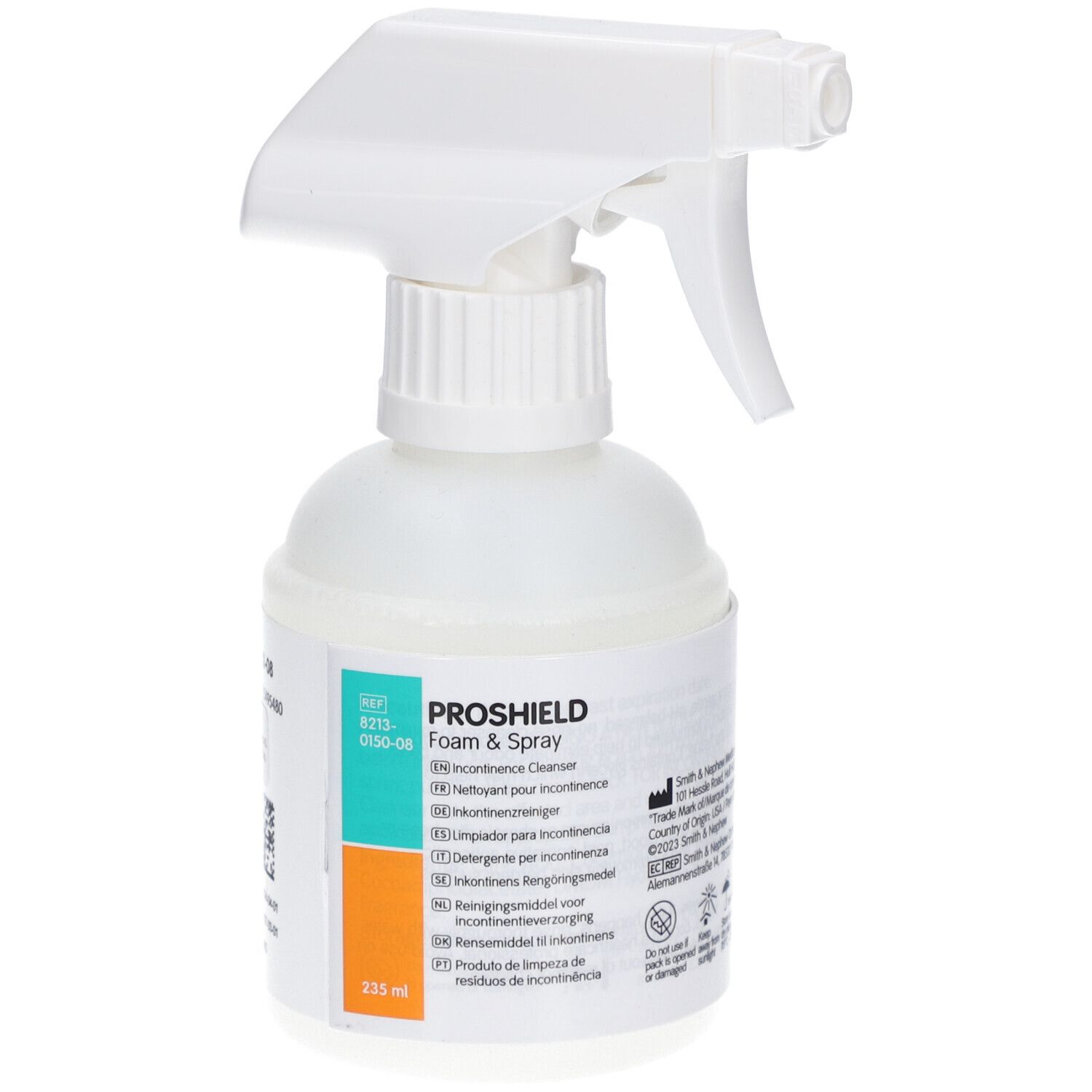 Proshield Mousse & Spray. Flacon blanc avec pulvérisateur. Étiquette avec informations produit.