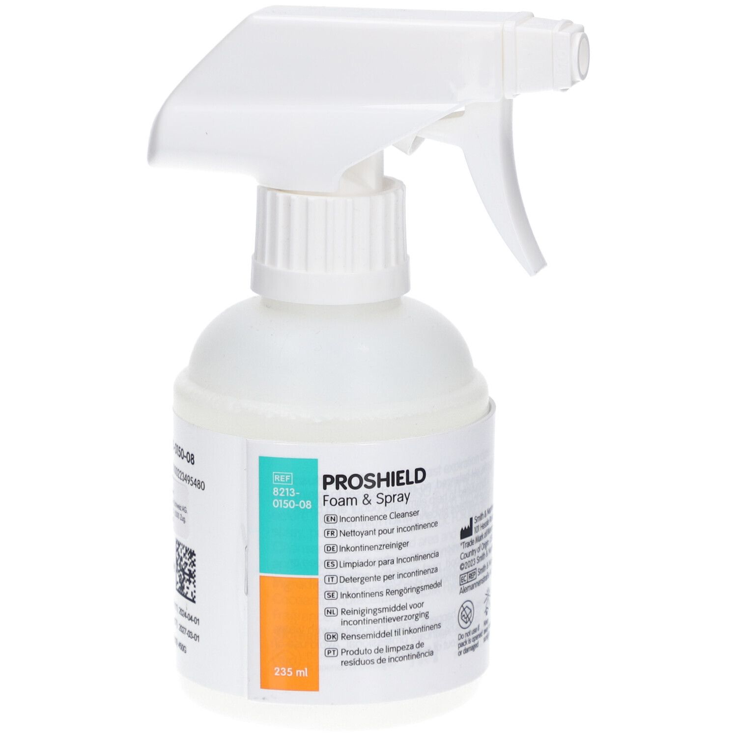 Proshield Mousse & Spray. Flacon blanc avec pulvérisateur. Étiquette avec informations produit.