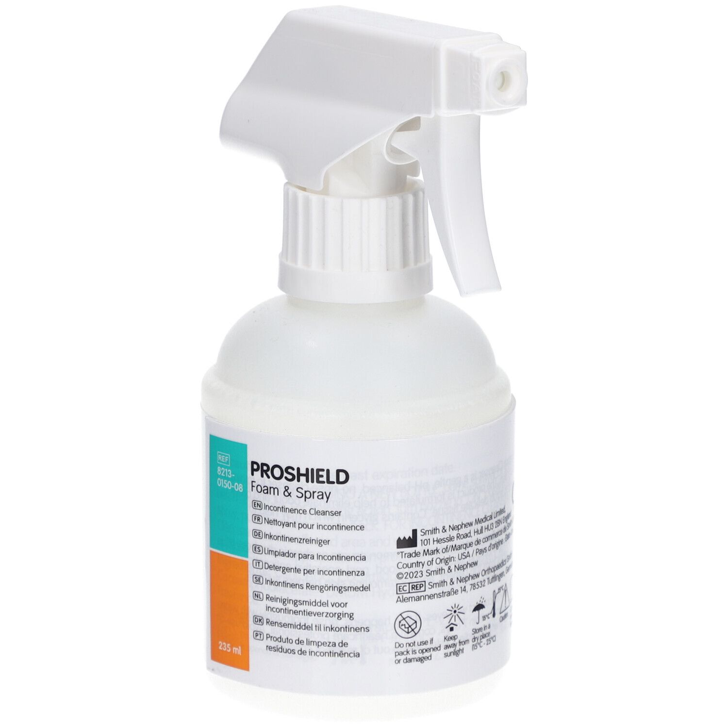 Proshield Mousse & Spray. Flacon blanc avec pulvérisateur. Étiquette avec informations produit.
