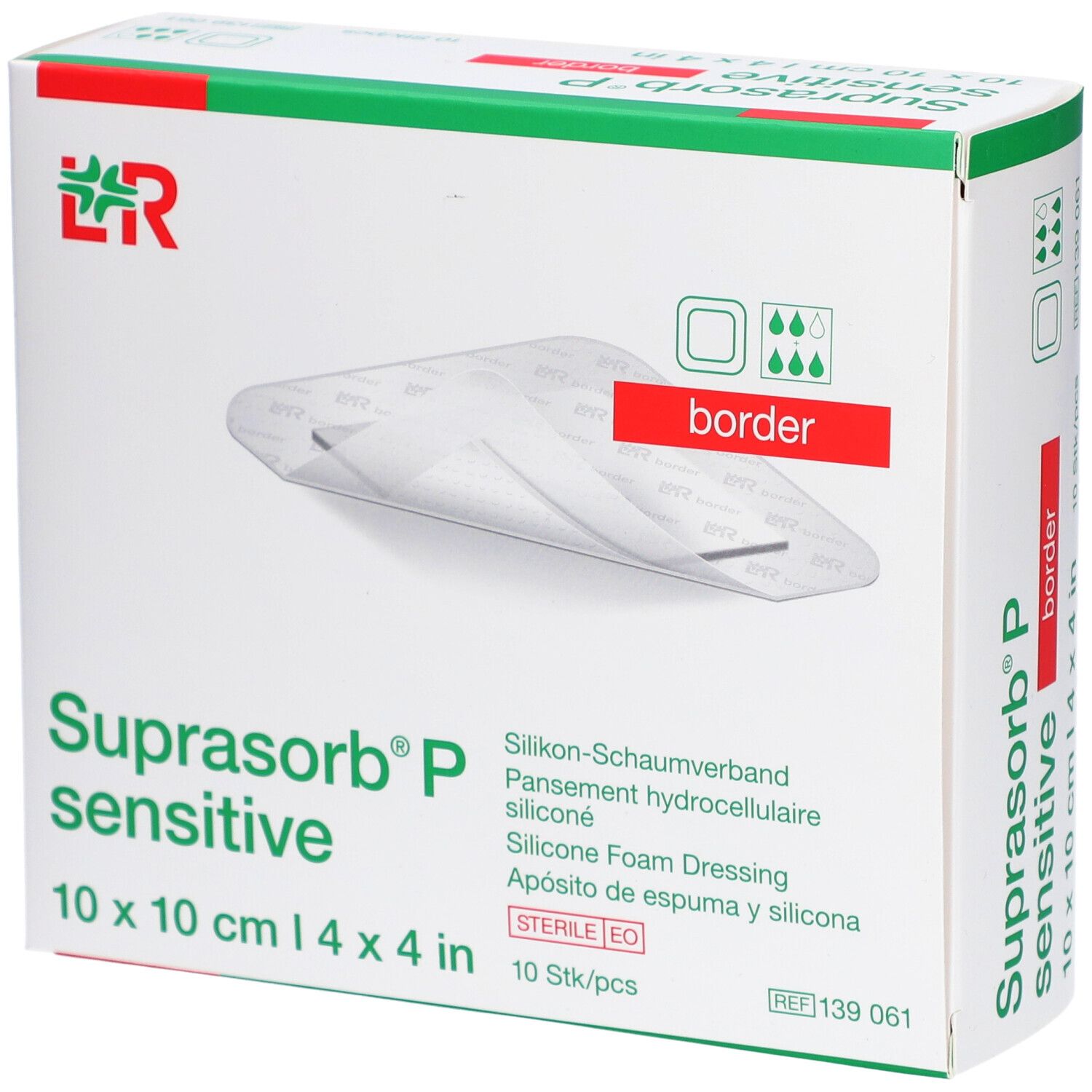 Verpackung von SUPRASORB P sensitive border, 10x10 cm. Aufschrift: Silikon-Schaumverband, 10 Stk/pcs. Mit Logo und Zertifizierung.