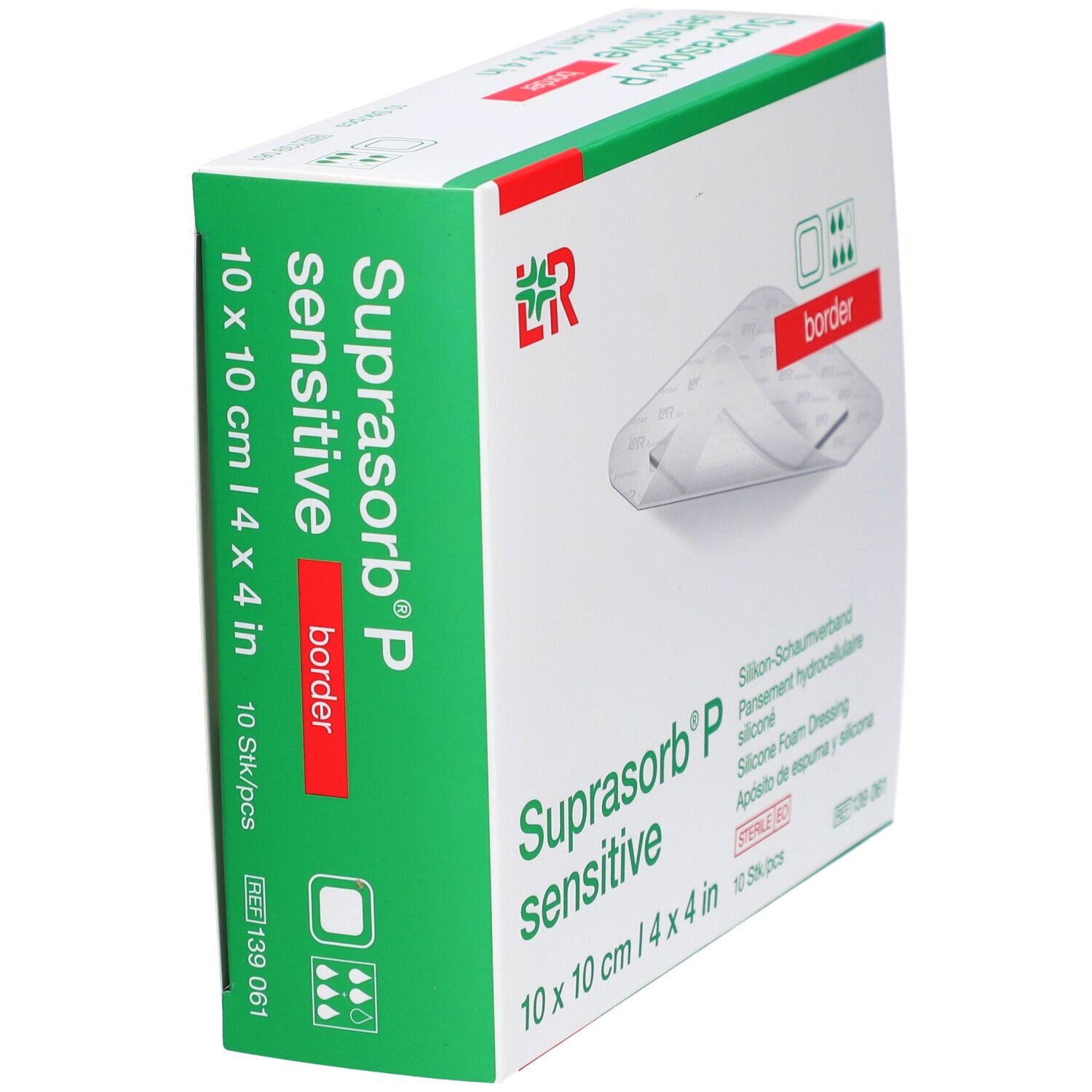 Verpackung von SUPRASORB P sensitive border, 10x10 cm. Aufschrift: Silikon-Schaumverband, 10 Stk/pcs. Mit Logo und Zertifizierung.