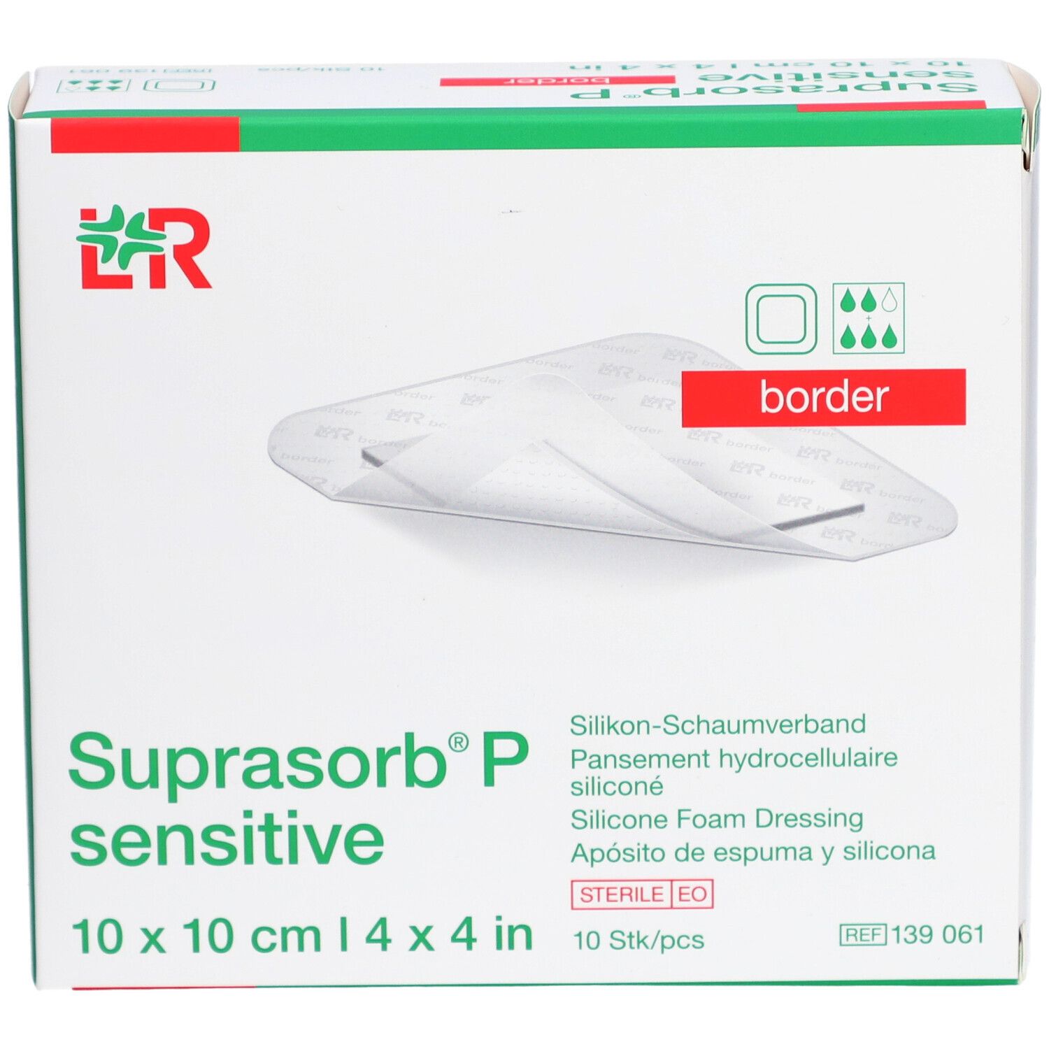 Verpackung von SUPRASORB P sensitive border, 10x10 cm. Aufschrift: Silikon-Schaumverband, 10 Stk/pcs. Mit Logo und Zertifizierung.
