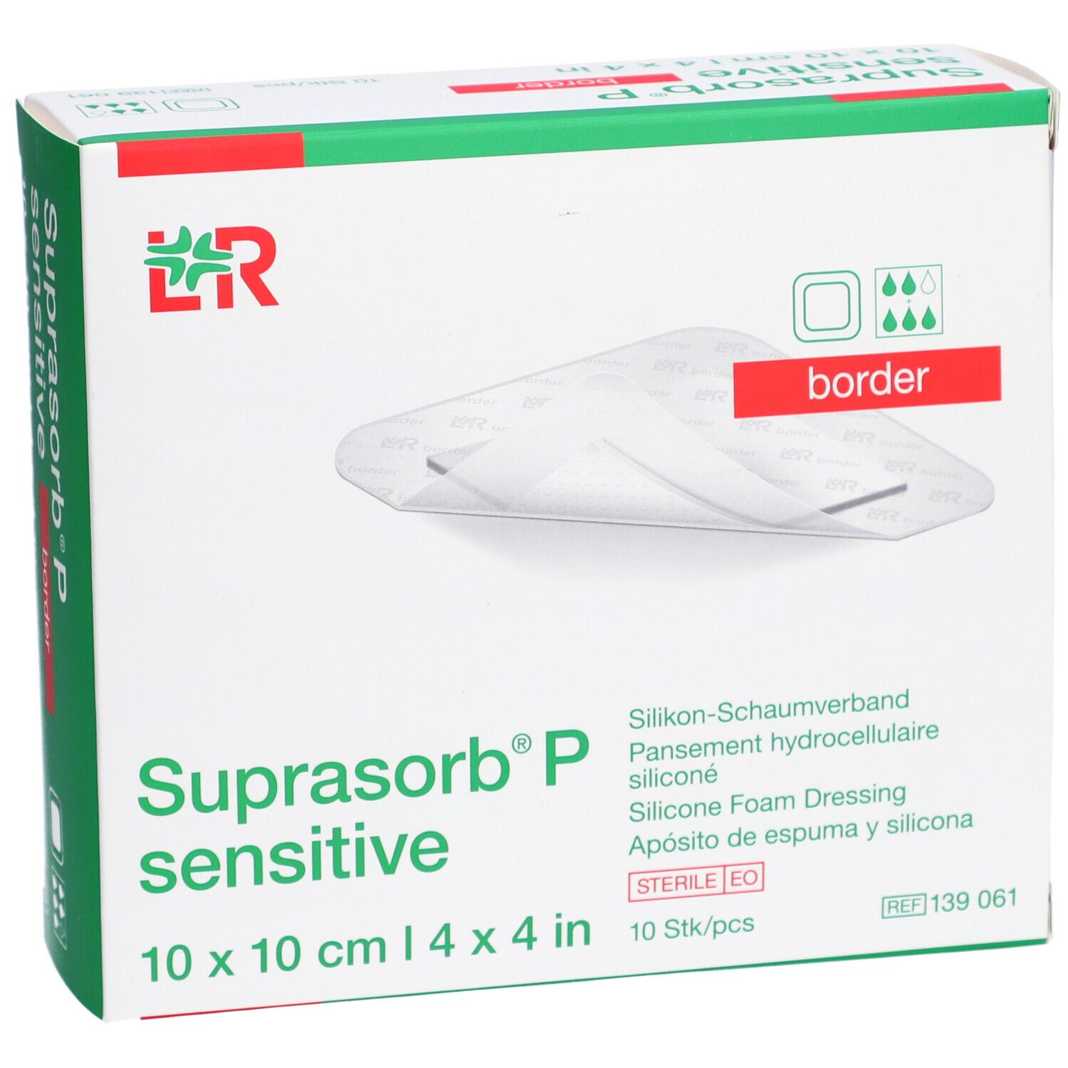 Verpackung von SUPRASORB P sensitive border, 10x10 cm. Aufschrift: Silikon-Schaumverband, 10 Stk/pcs. Mit Logo und Zertifizierung.