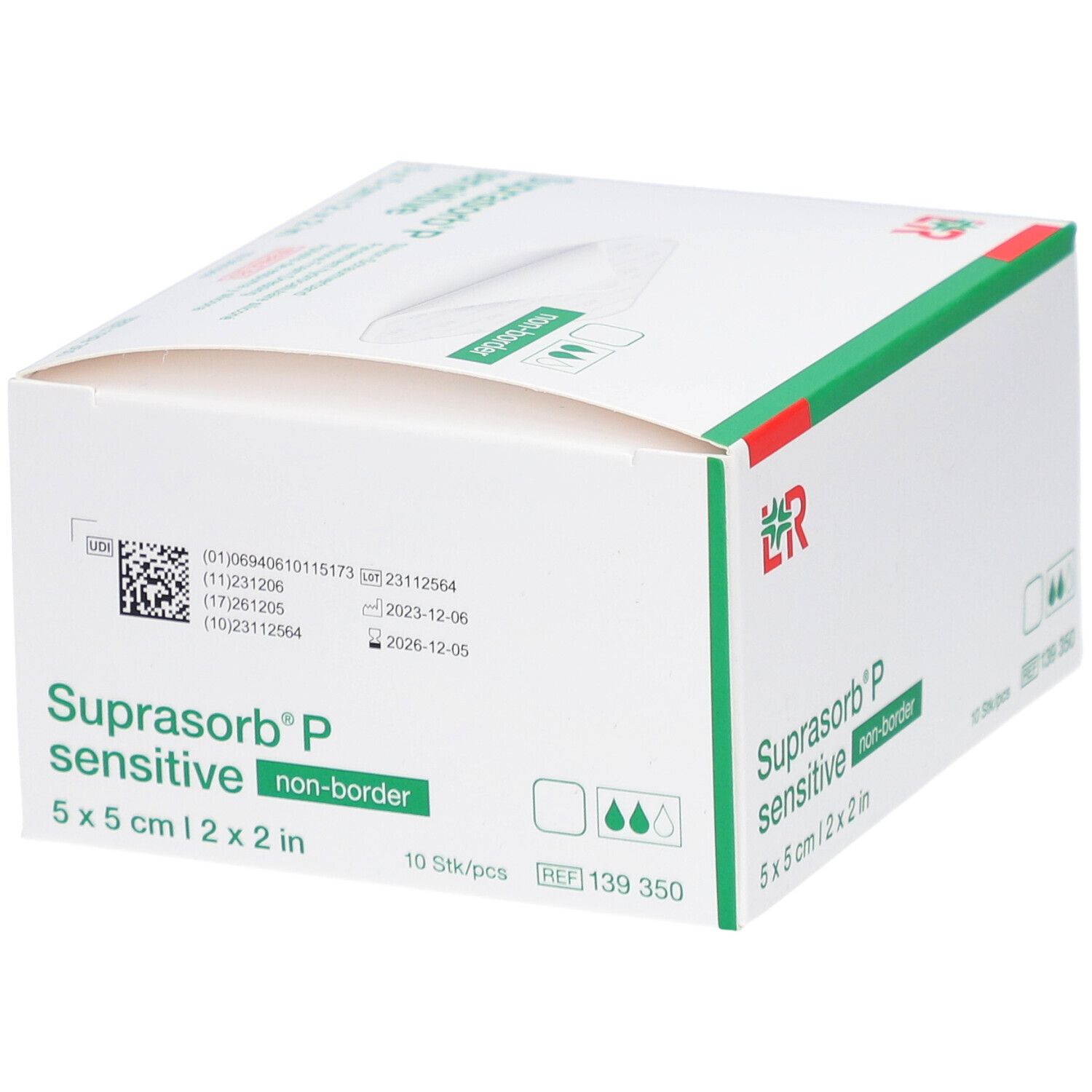 Verpackung von SUPRASORB P sensitive non-border. Box mit Produktinformationen und QR-Code. Größe: 5 x 5 cm.