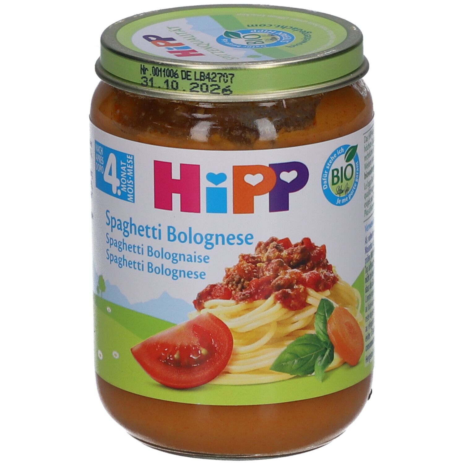Glas mit HiPP Spaghetti Bolognese für Babys ab 4 Monaten. Bio-Siegel. Abbildung von Spaghetti Bolognese.
