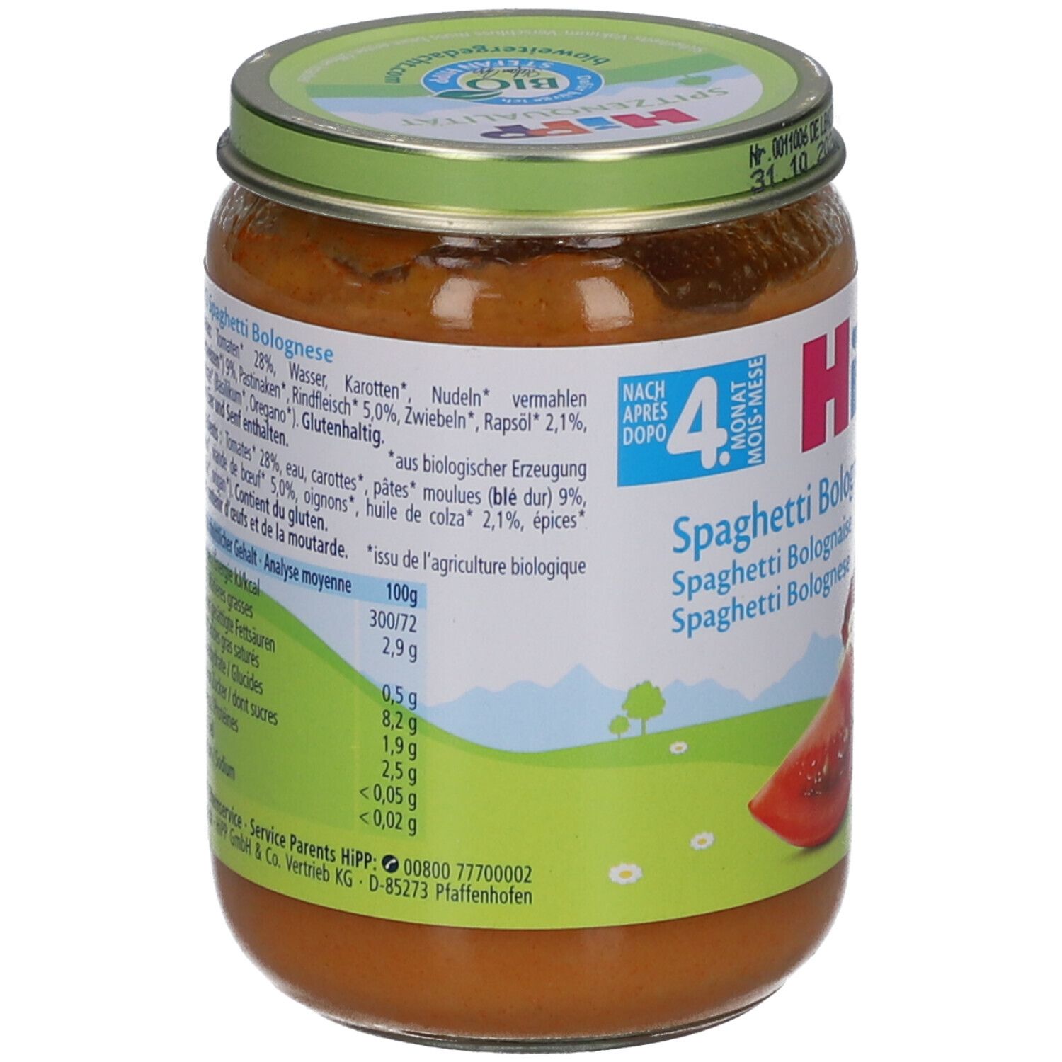 Rückseite des Glases mit HiPP Spaghetti Bolognese. Zutatenliste und Nährwertangaben. Bio-Siegel.