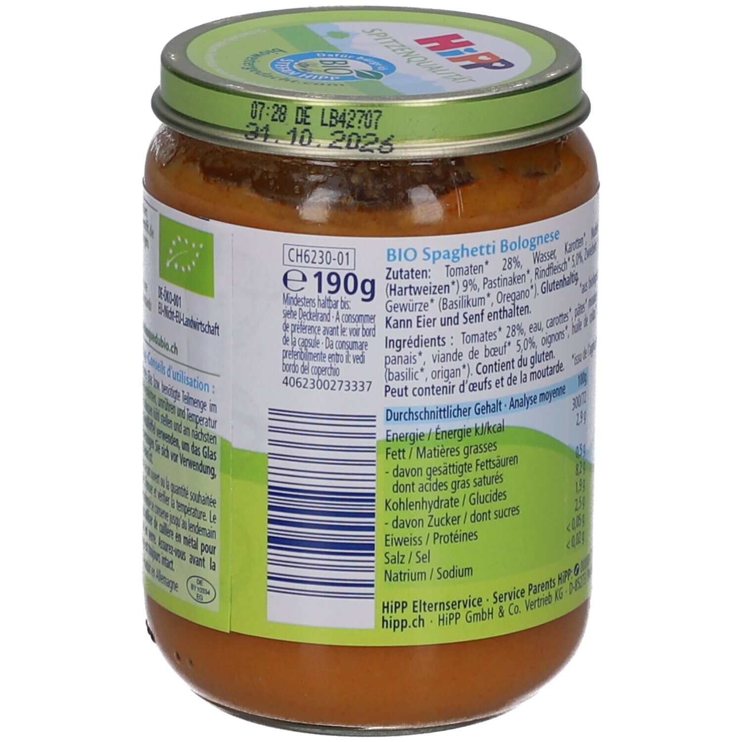 Rückseite des Glases mit HiPP Spaghetti Bolognese. Zutatenliste und Nährwertangaben. Bio-Siegel. 190g.