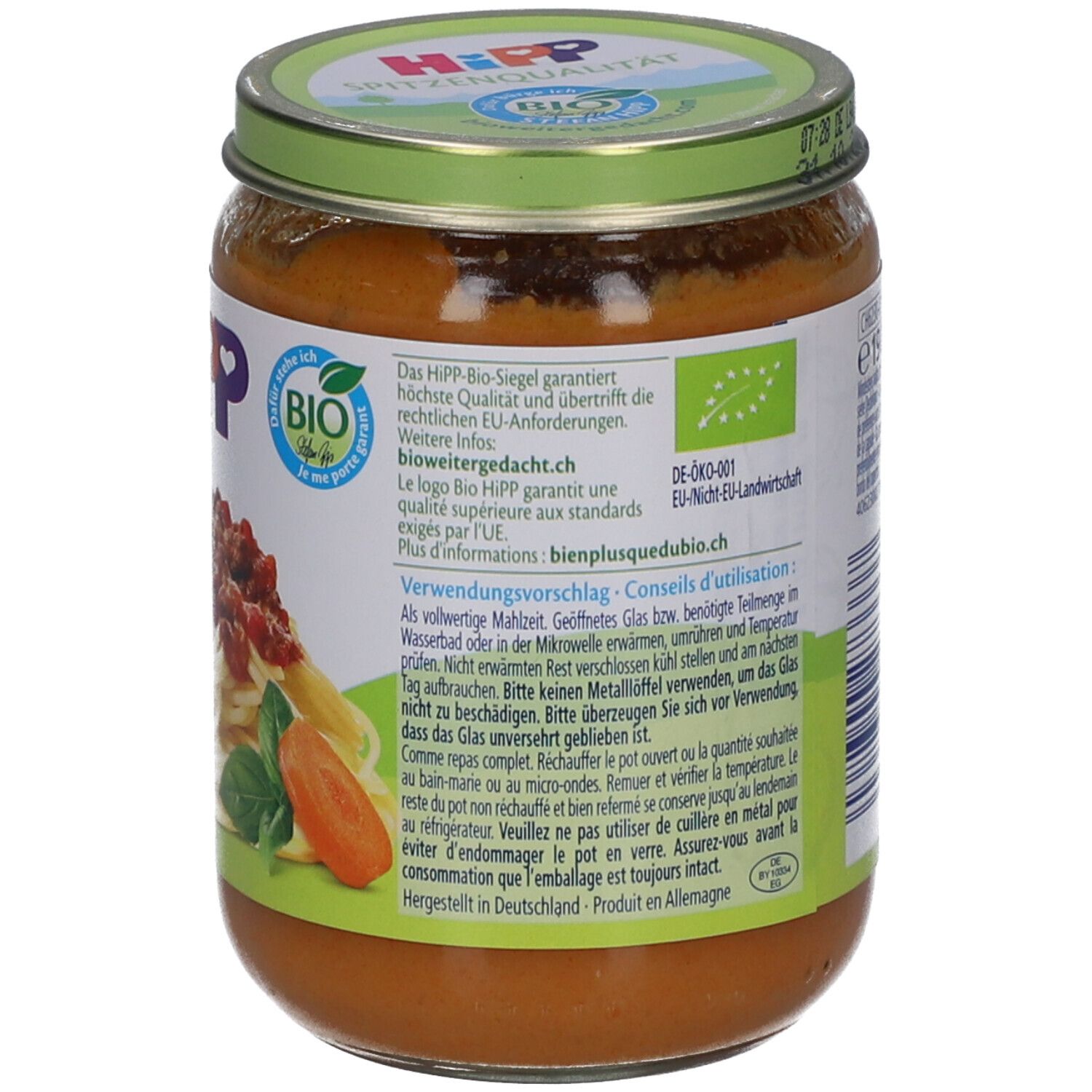 Rückseite des Glases mit HiPP Spaghetti Bolognese. Informationen, Bio-Siegel, Hergestellt in Deutschland.