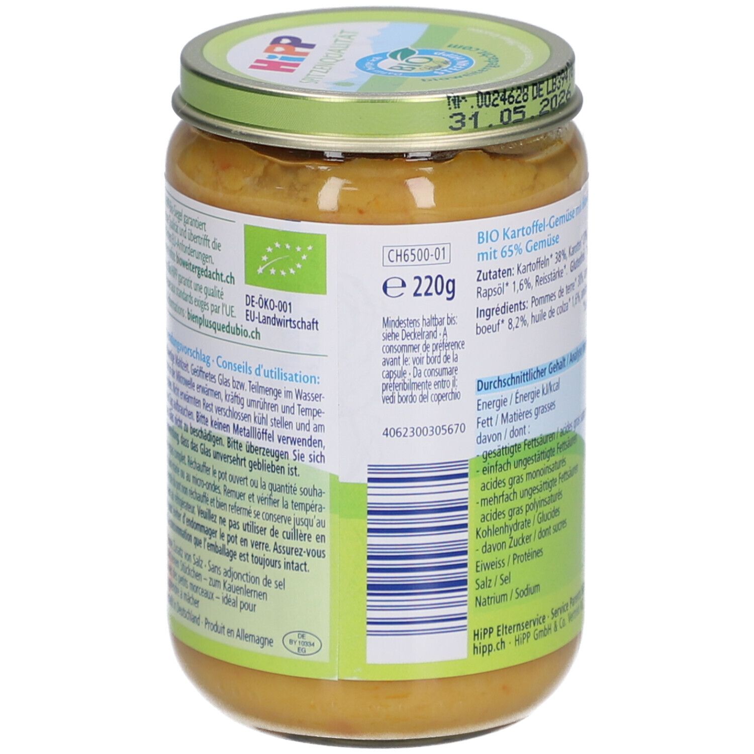 Dos du pot de légumes et bœuf bio HiPP. Logo bio UE et autres informations.