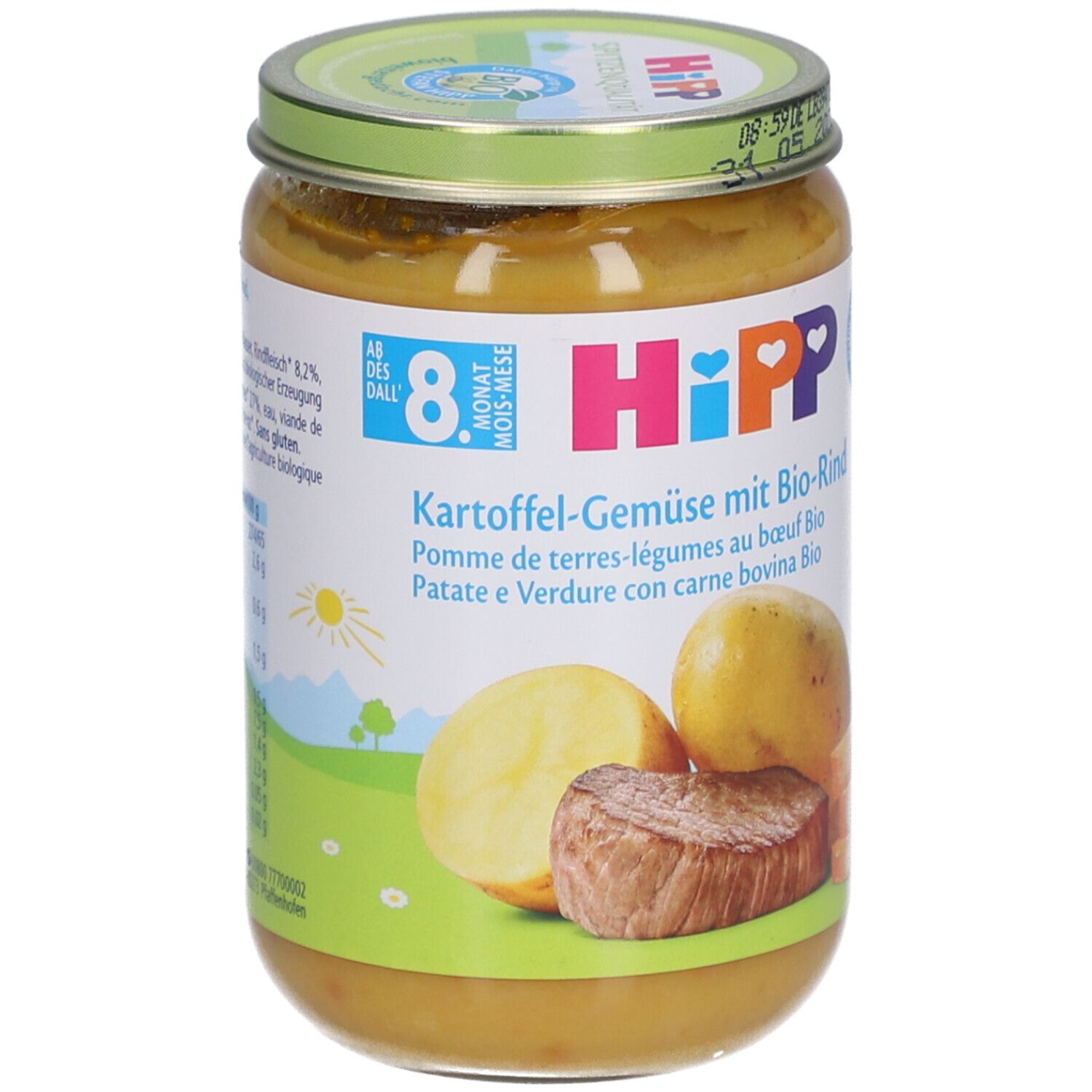 Pot de légumes et bœuf bio HiPP pour bébés dès 8 mois. Pomme de terre, légumes et viande illustrés.