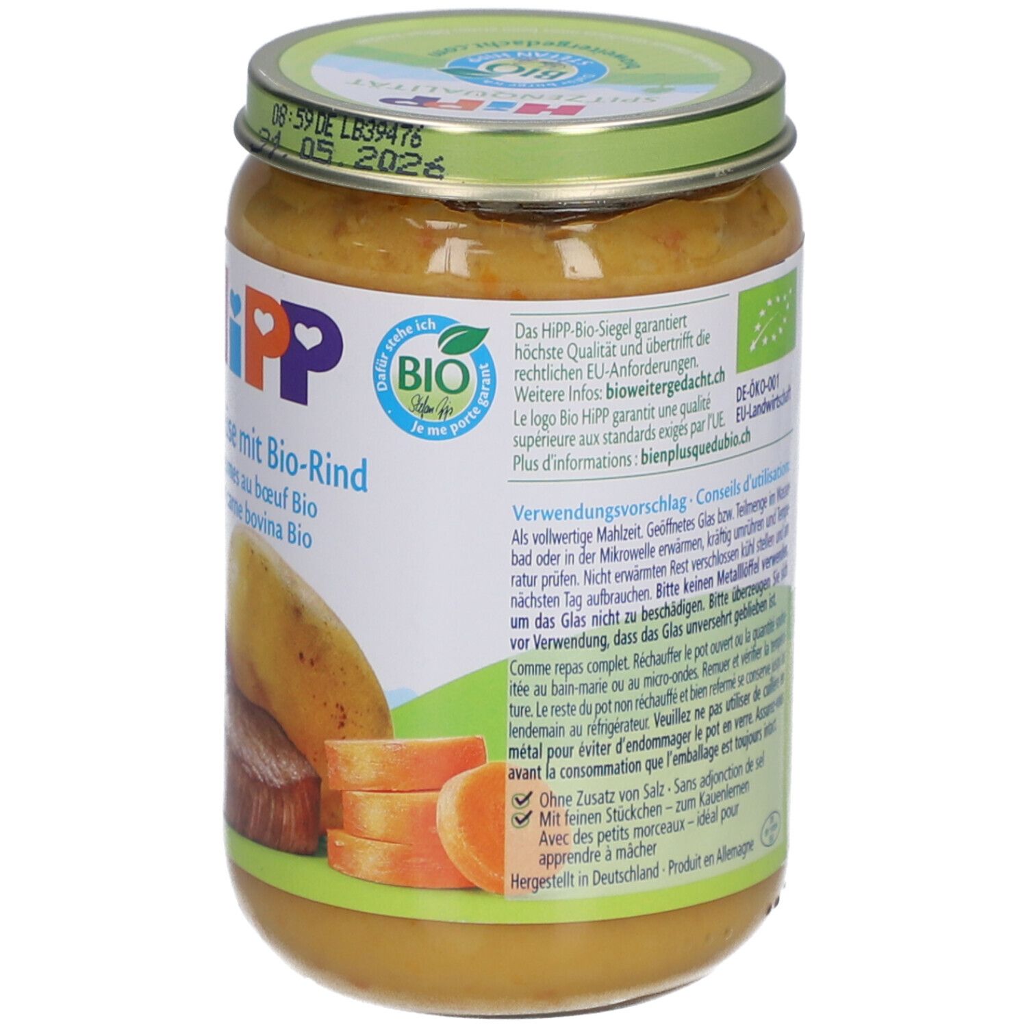 Pot de légumes et bœuf bio HiPP. Carottes, pomme de terre, viande et logo. Informations de préparation.