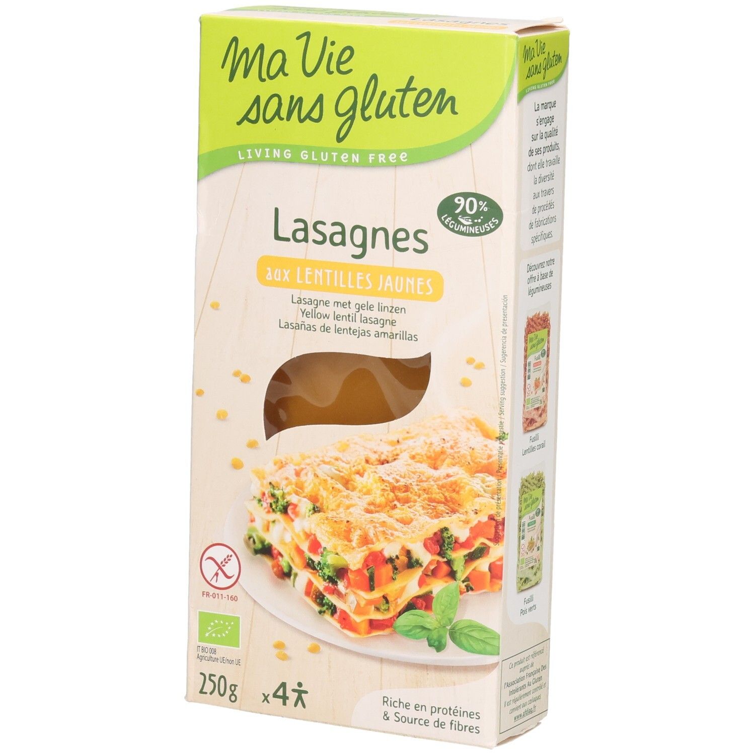 Verpackung von Lasagne mit gelben Linsen. Marke: Ma Vie sans gluten. Enthält 250g, 4 Portionen. Mit Bio-Siegel.
