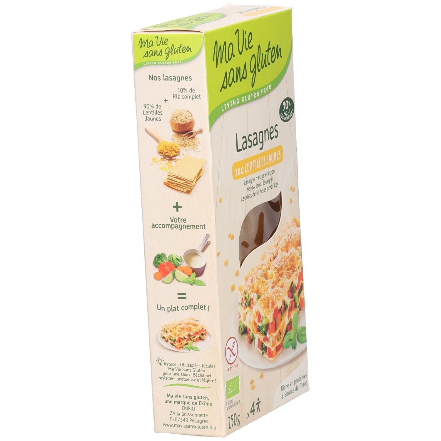 Verpackung von Lasagne mit gelben Linsen. Marke: Ma Vie sans gluten. Illustrationen von Zutaten und fertigem Gericht.