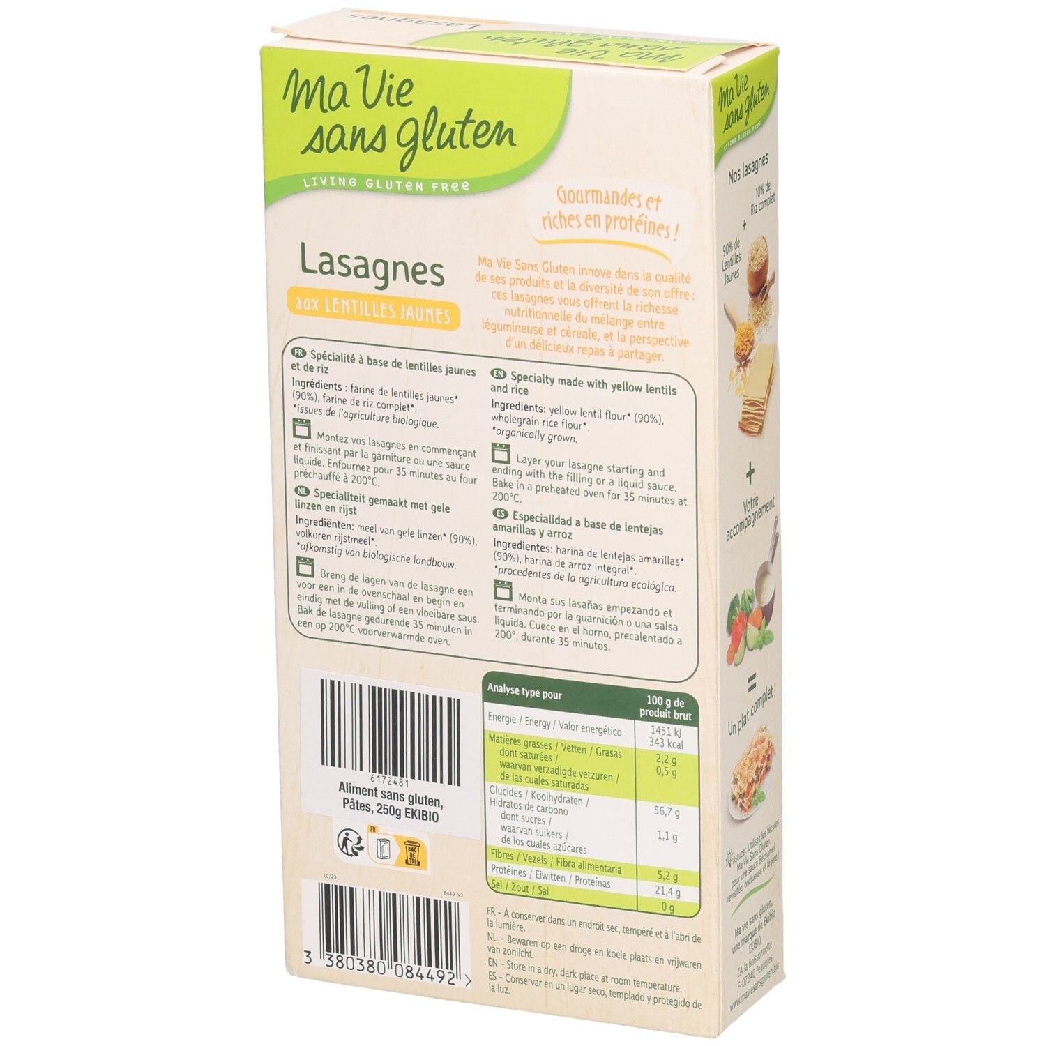 Rückseite der Lasagne-Verpackung. Marke: Ma Vie sans gluten. Enthält Nährwertangaben und Zubereitungshinweise.