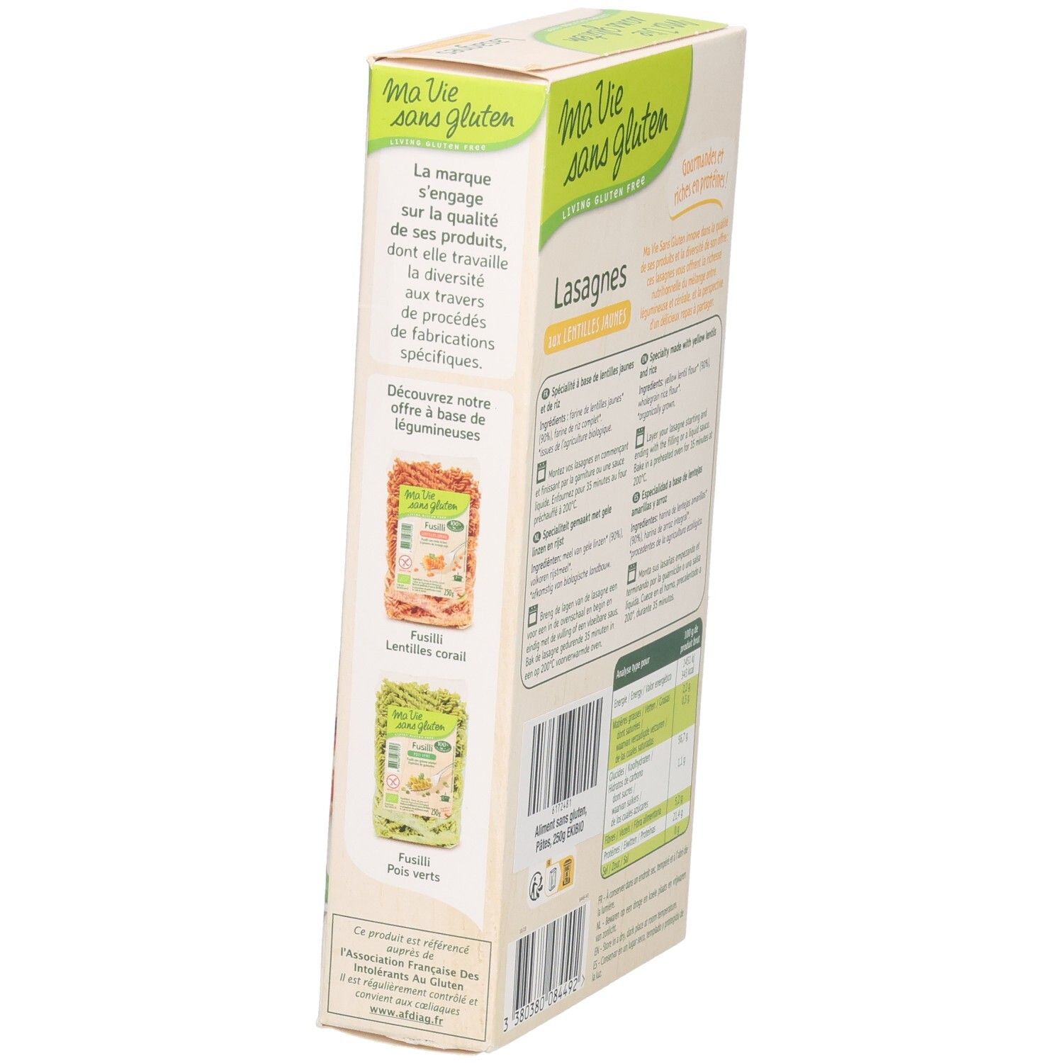 Seite der Lasagne-Verpackung. Marke: Ma Vie sans gluten. Enthält Informationen über die Marke und Zutaten.