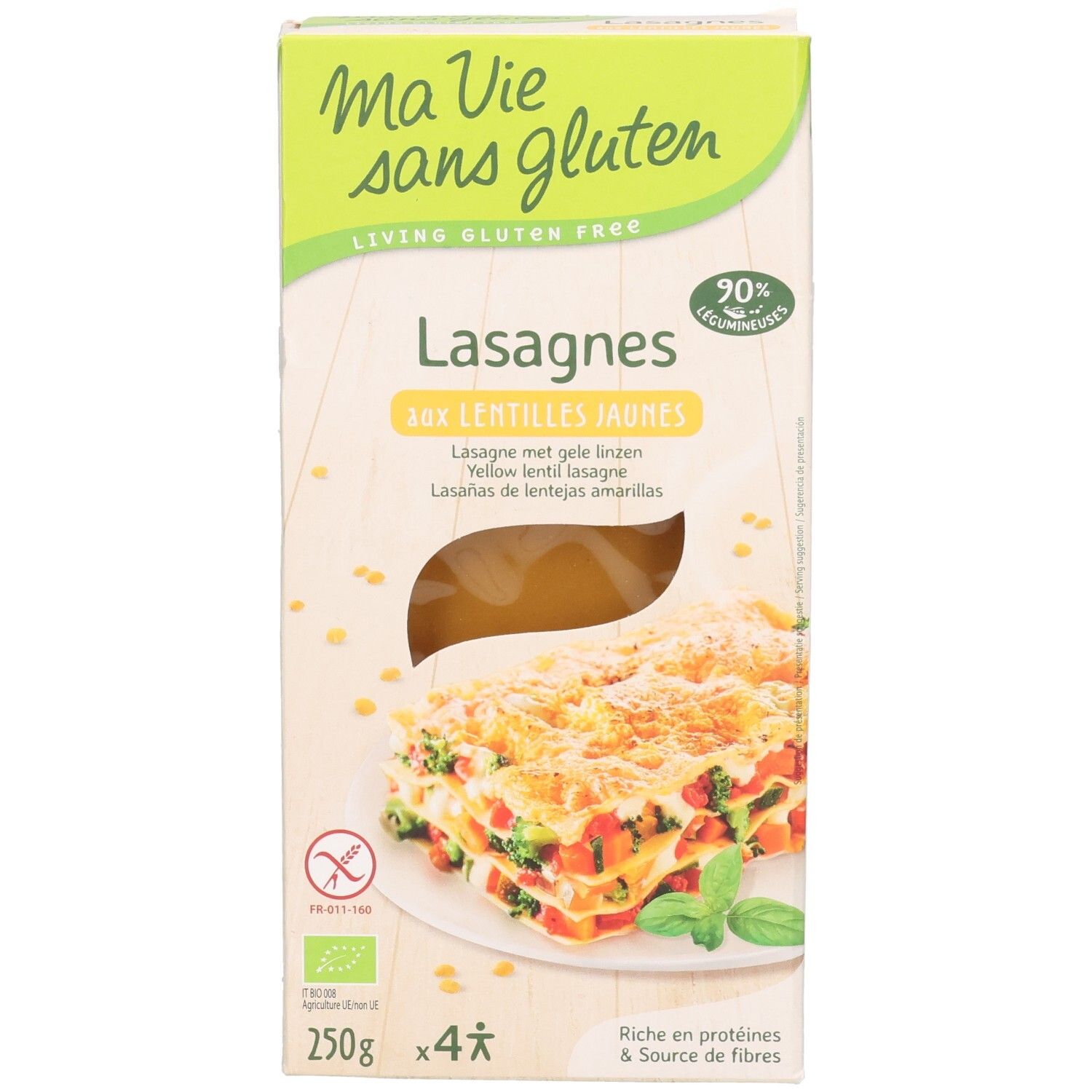 Verpackung von Lasagne mit gelben Linsen. Marke: Ma Vie sans gluten. Enthält 250g, 4 Portionen. Mit Bio-Siegel.