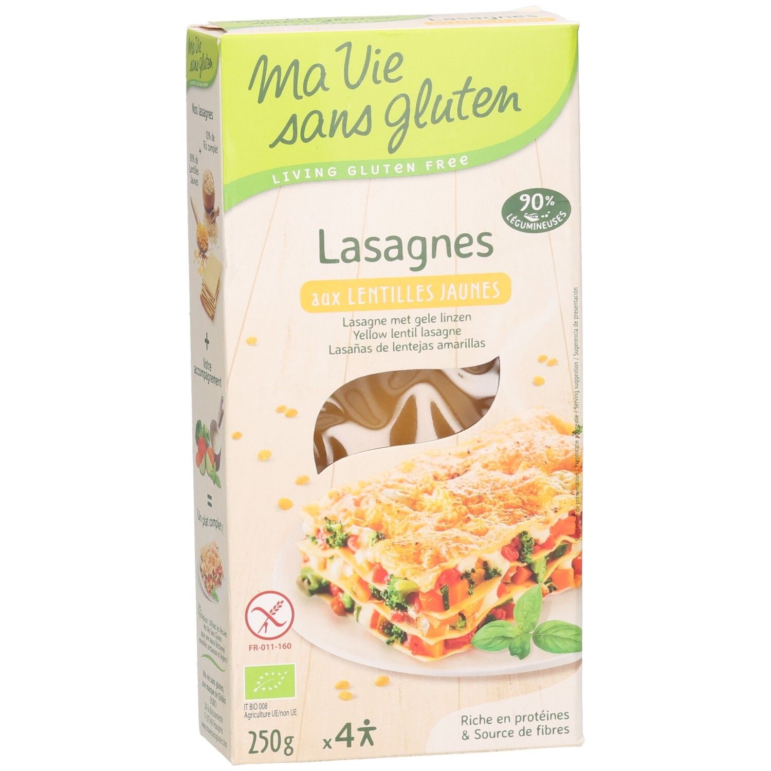 Verpackung von Lasagne mit gelben Linsen. Marke: Ma Vie sans gluten. Enthält 250g, 4 Portionen. Mit Bio-Siegel.