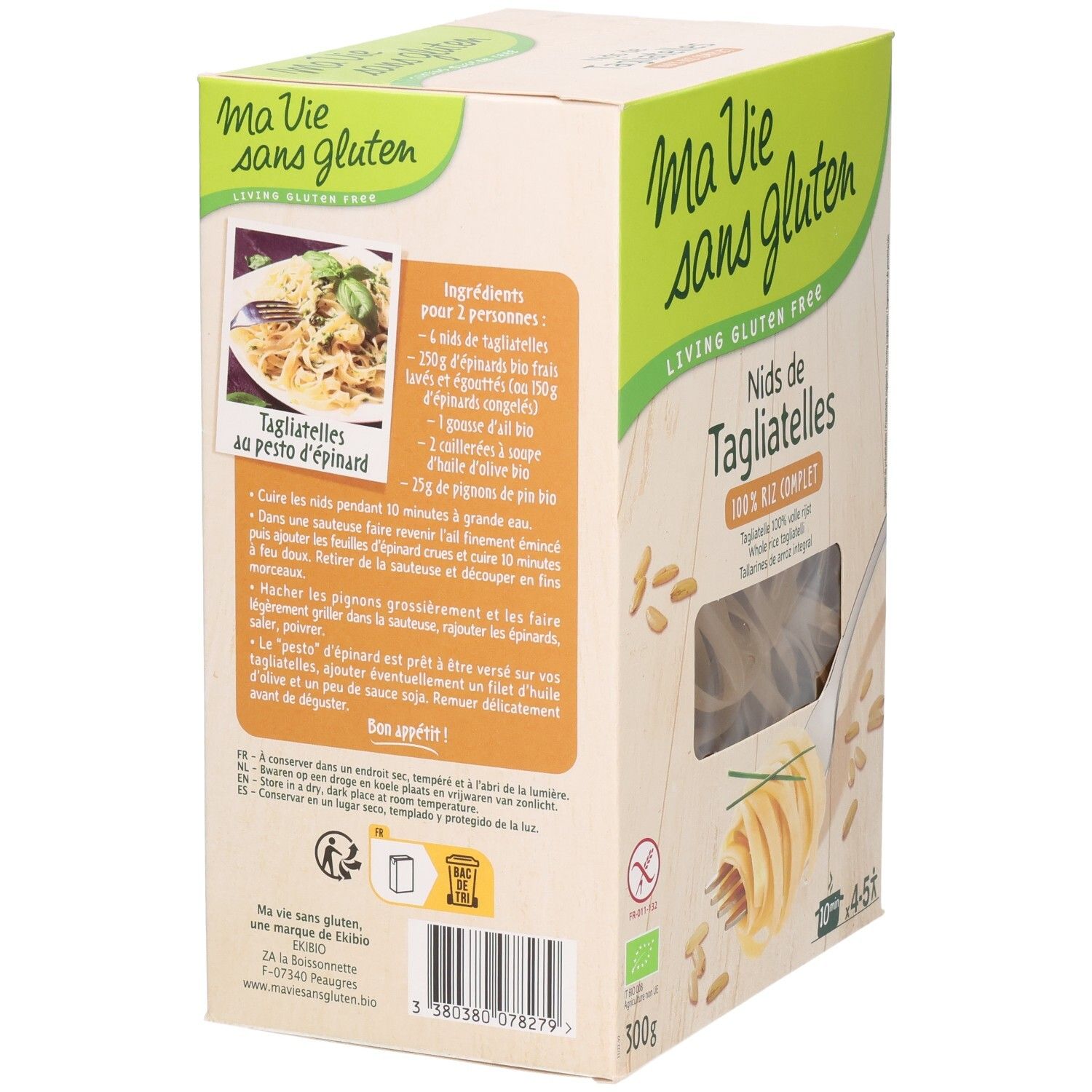 Rückseite der Verpackung mit Zutatenliste und Zubereitungshinweisen für glutenfreie Tagliatelle. Rezept für 2 Personen.